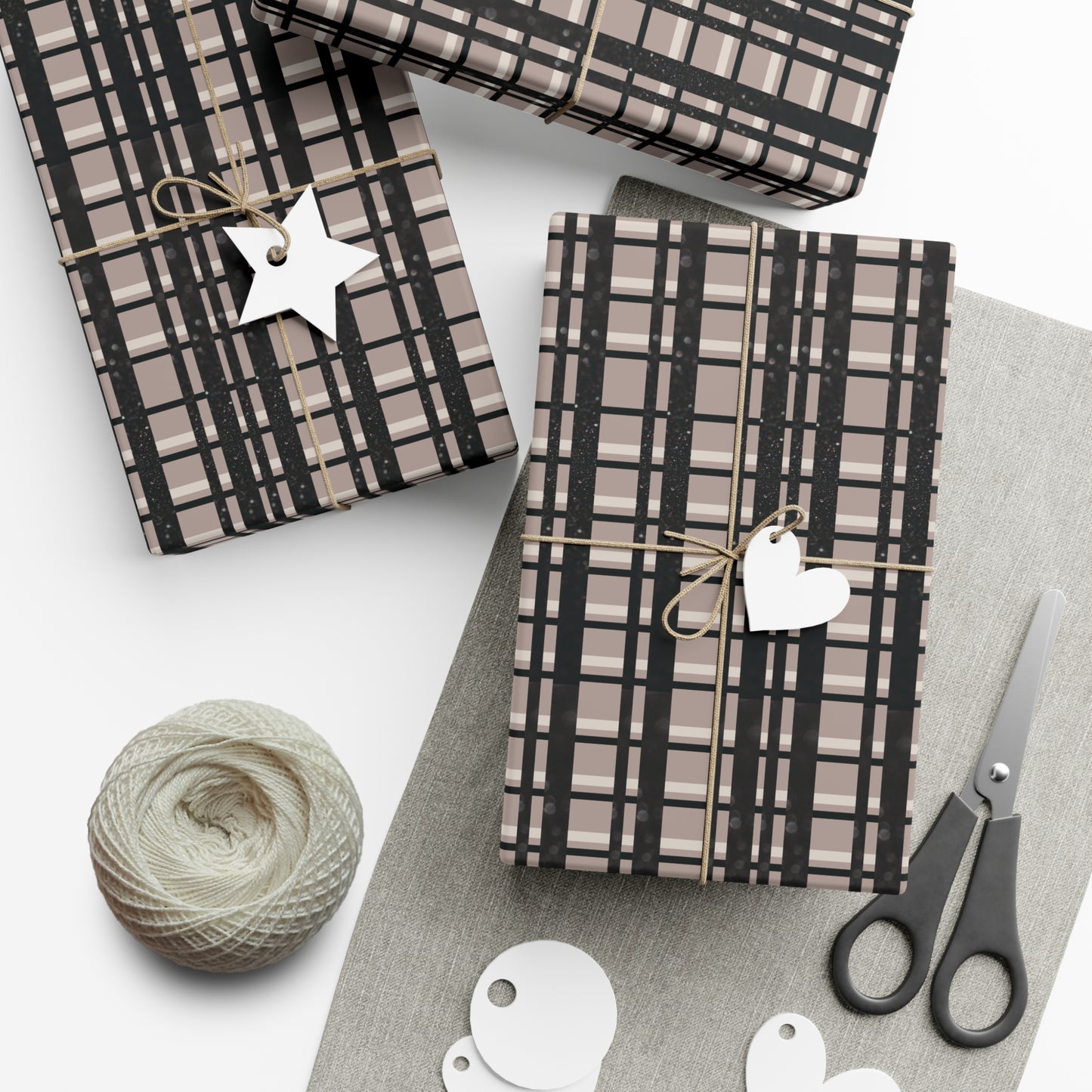 Modern Plaid Gift Wrapping Paper – Taupe, Black & Subtle Glitter Print