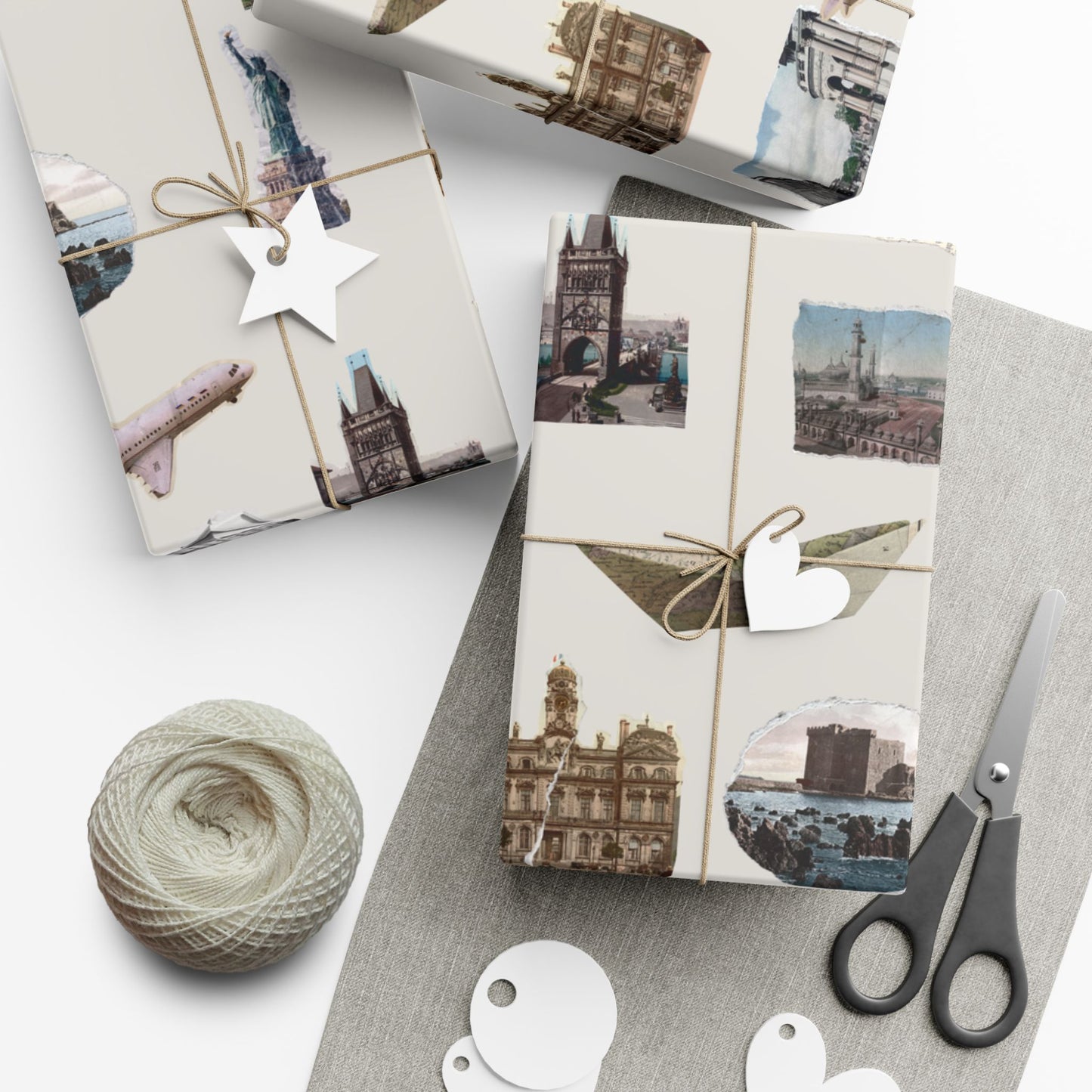 Stamped in Time Gift Wrapping Paper – Vintage Architecture & Travel Collage on Bone