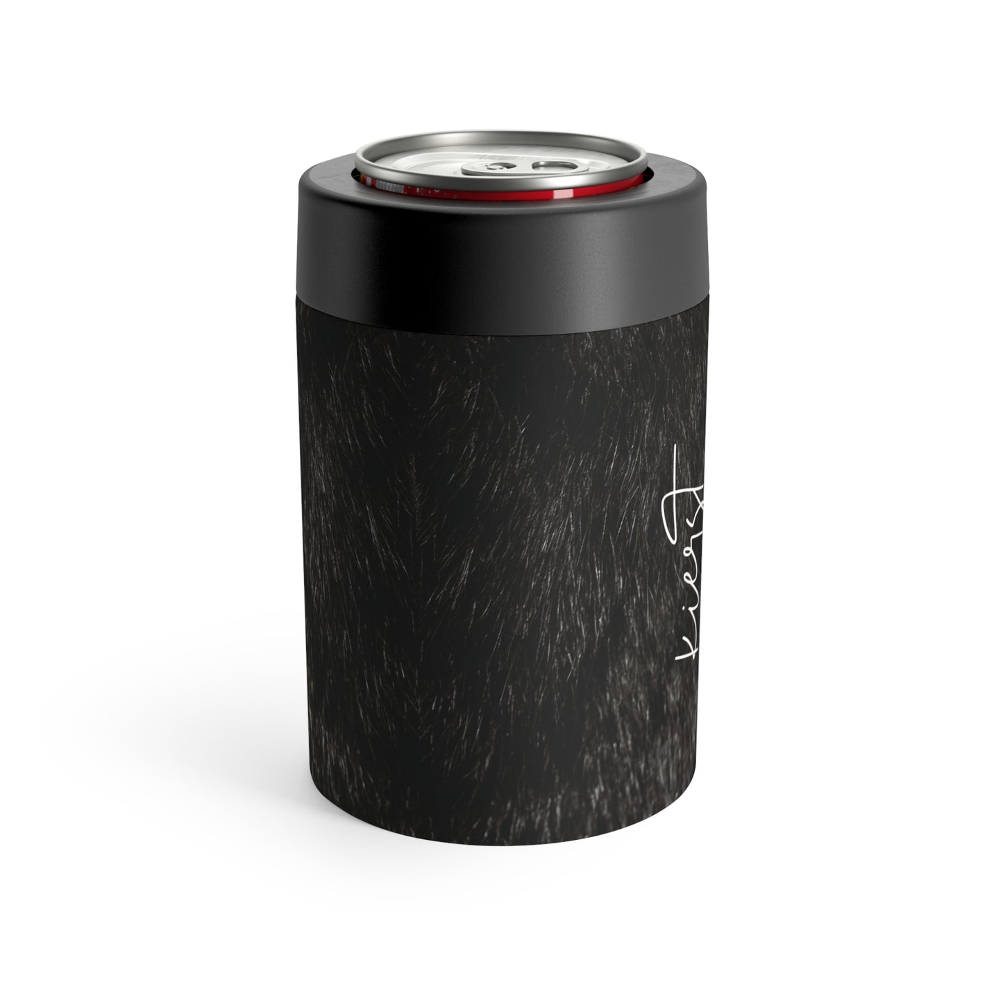 Printed Black Fur Can Holder – Matte Stainless with Faux Fur Look