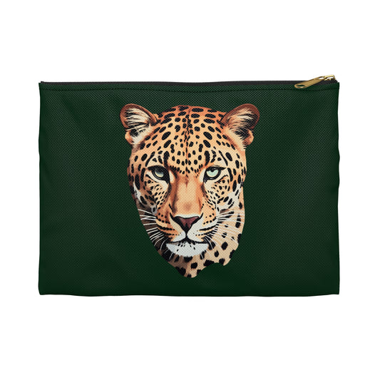 Leopard Head on Signature Midnight Pine Accessory Pouch