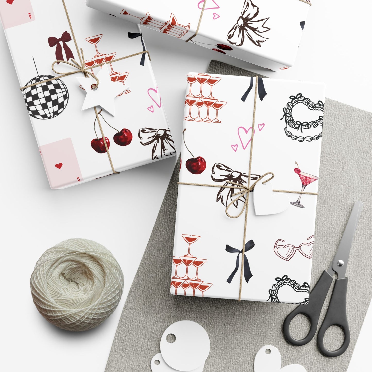 Edge of Romance Wrapping Paper | White Background Gift Wrap with Chic Sticker-Inspired Design