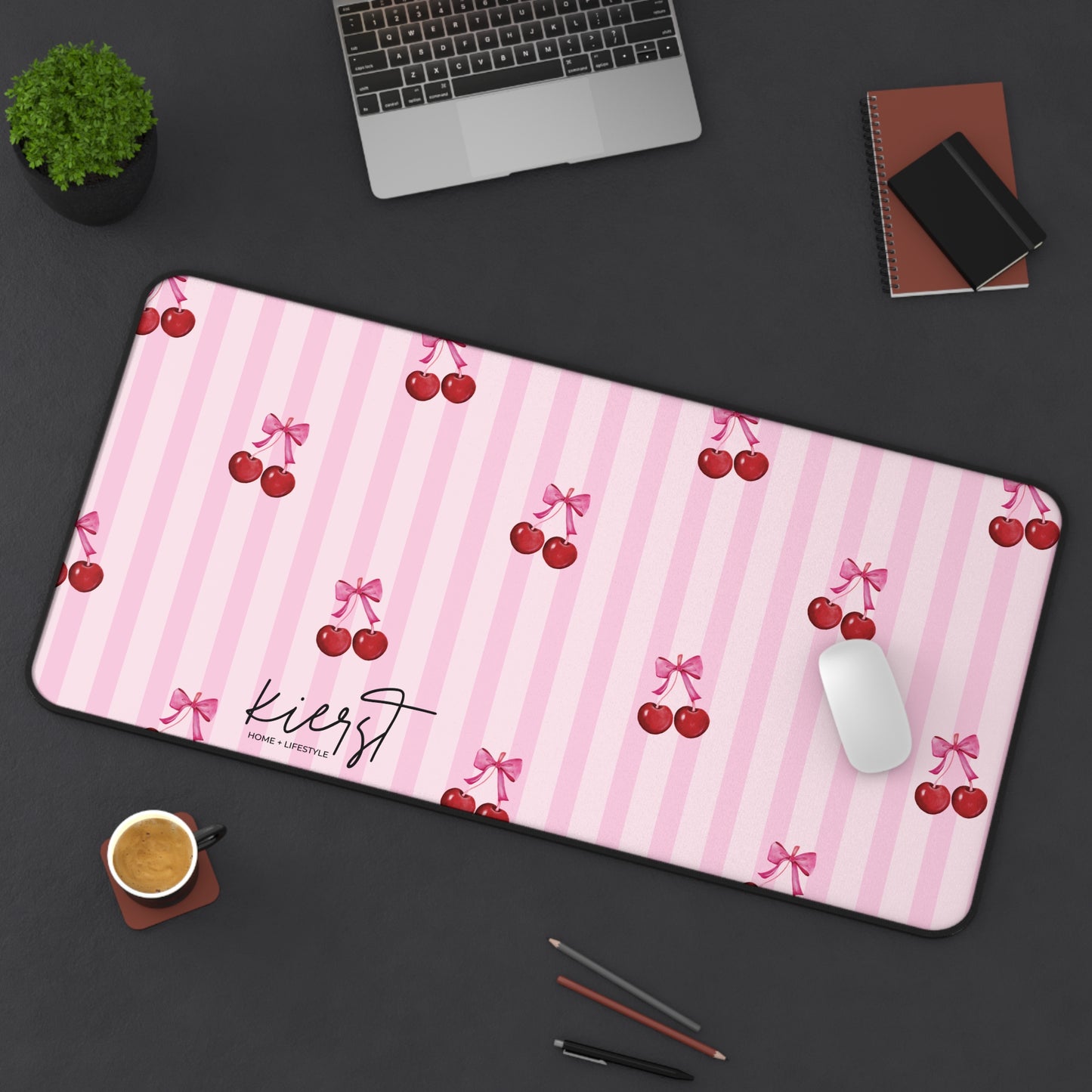 Cherries on Pink Stripes Desk Mat