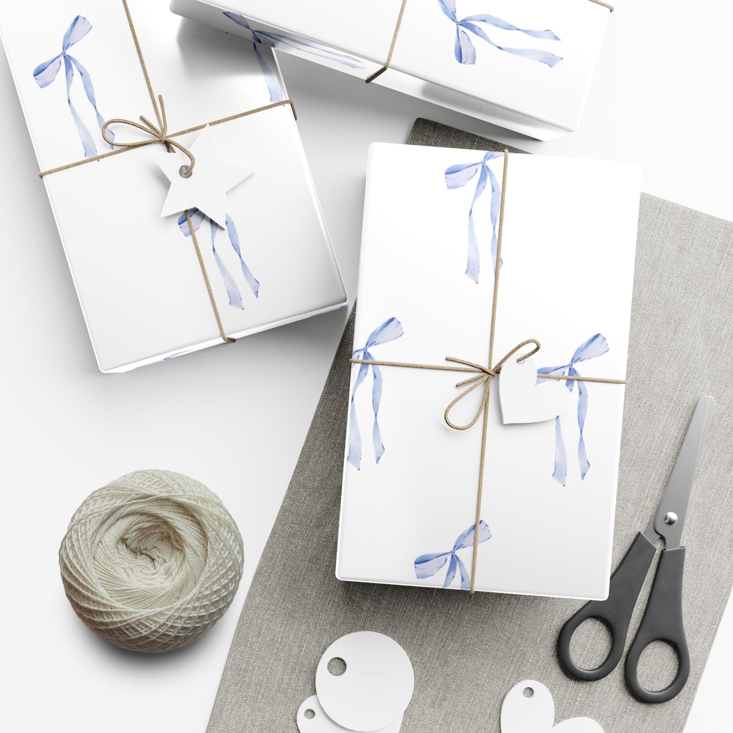 Delicate Blue Bow Gift Wrapping Paper – Hand-Painted Style Ribbon Pattern on White