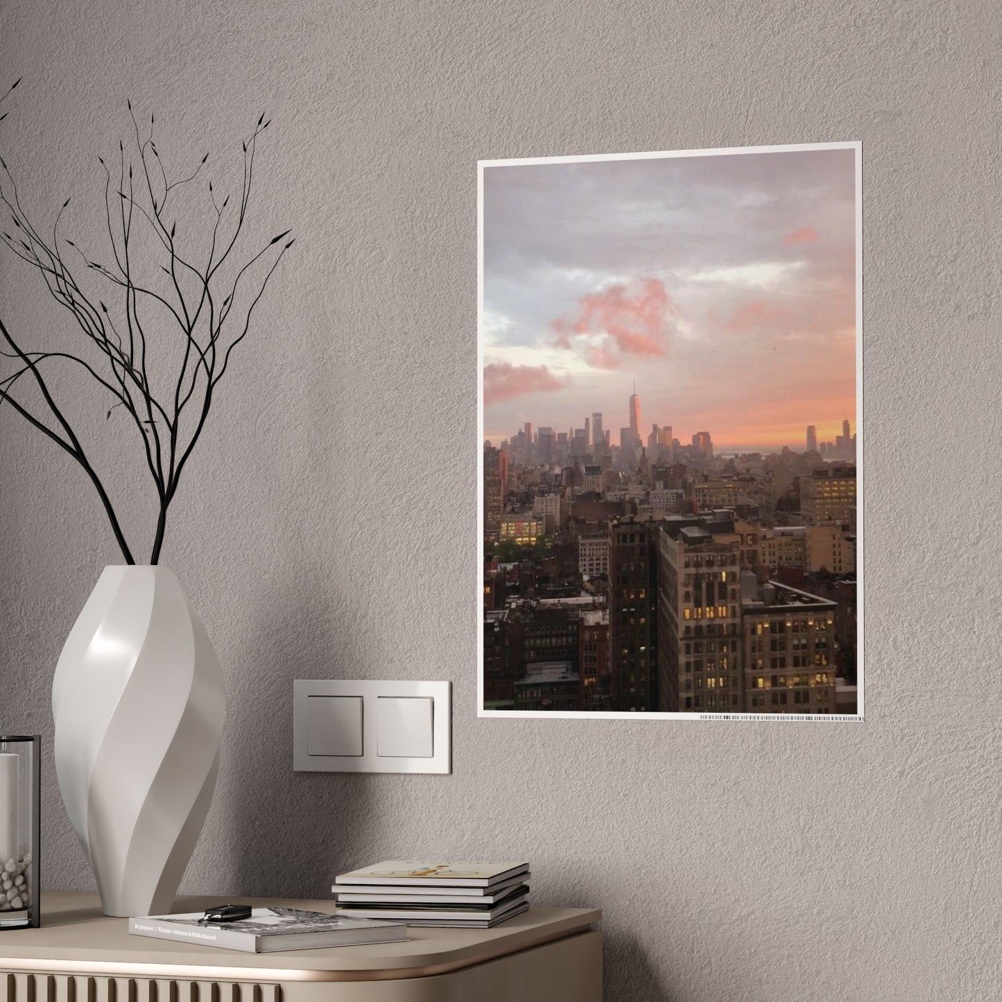A New York Sunset Glossy Poster | Moody Pink Skyline Over Manhattan