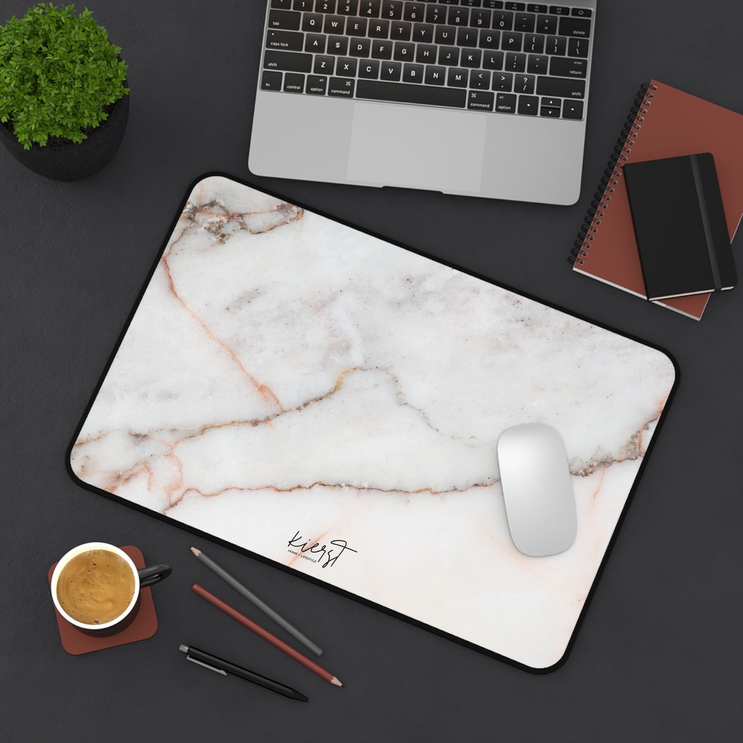 Warm White Marble Print Desk Mat | Neutral Office Decor