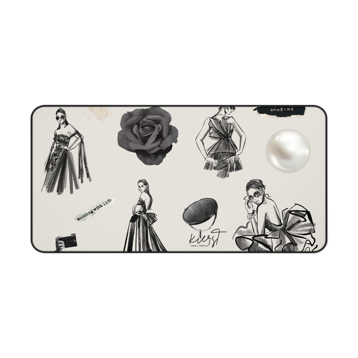 B&W Fashion Illustrations on Bone Desk Mat | Style Sketches for the Chic Creative