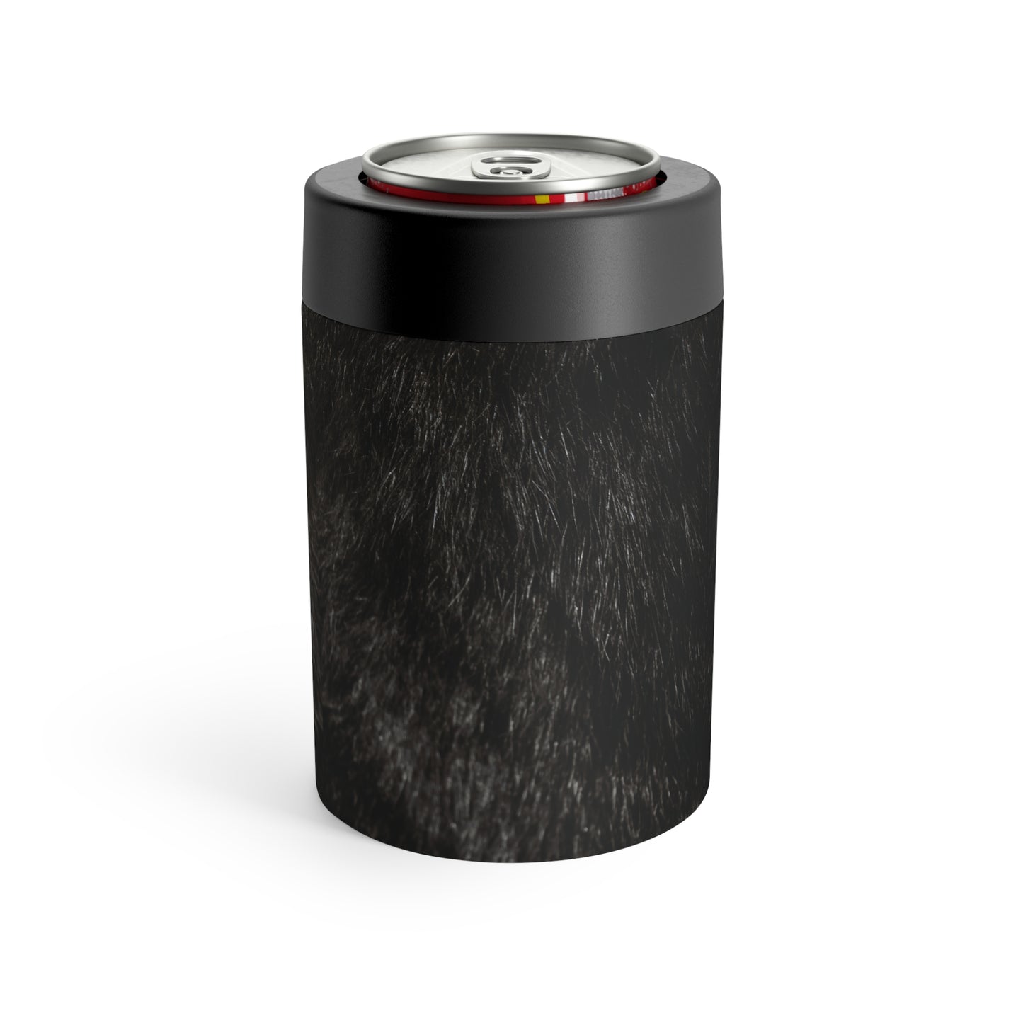 Printed Black Fur Can Holder – Matte Stainless with Faux Fur Look