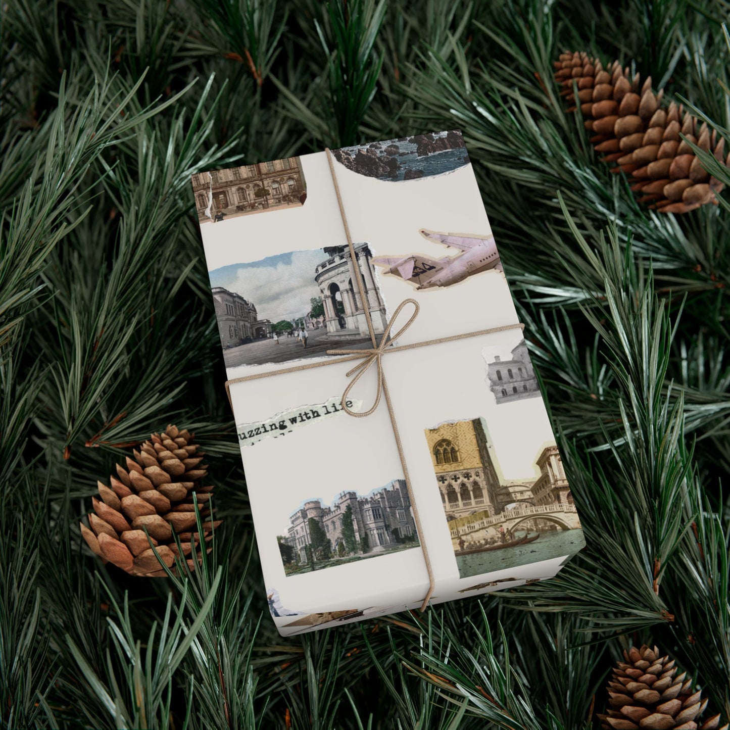 Stamped in Time Gift Wrapping Paper – Vintage Architecture & Travel Collage on Bone