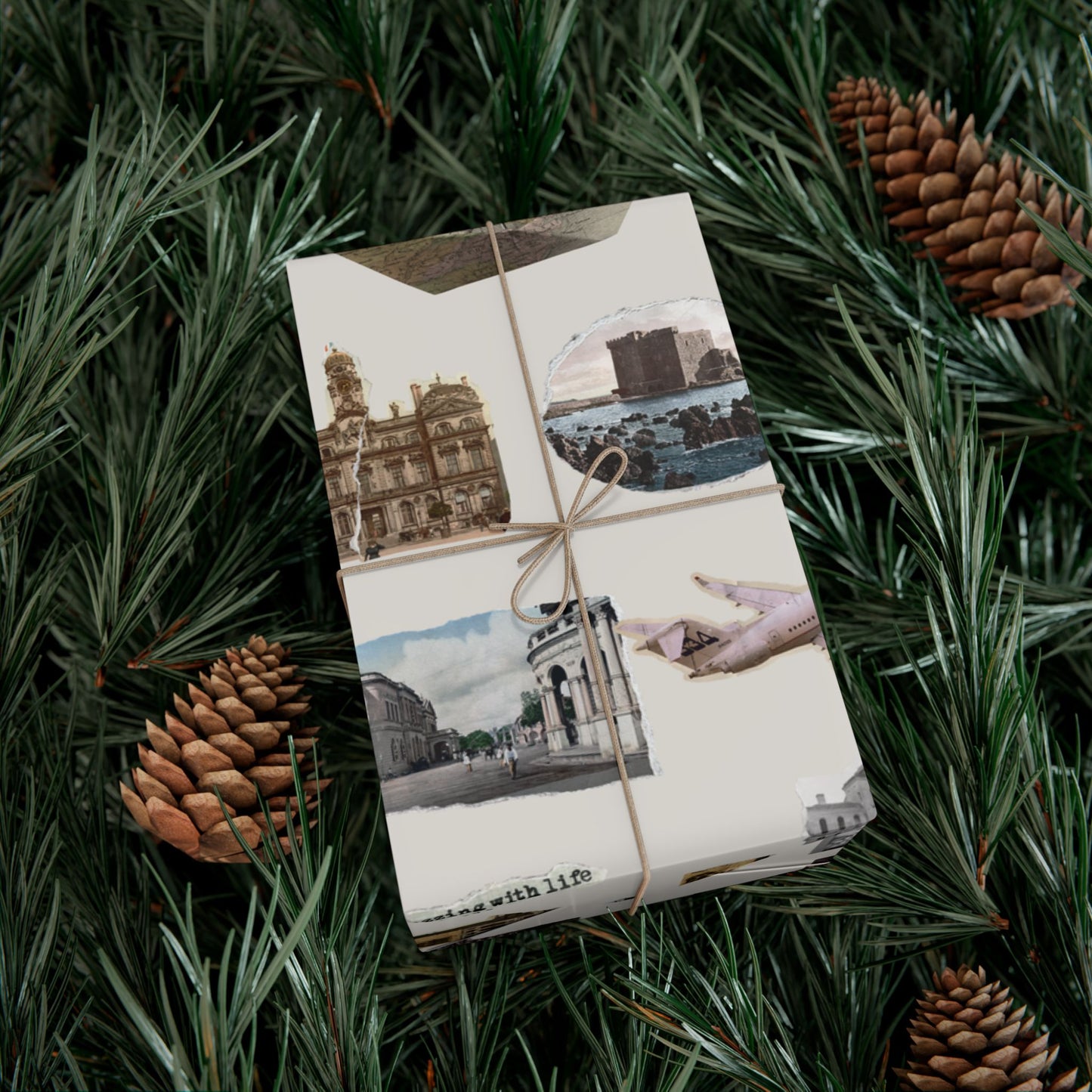 Stamped in Time Gift Wrapping Paper – Vintage Architecture & Travel Collage on Bone