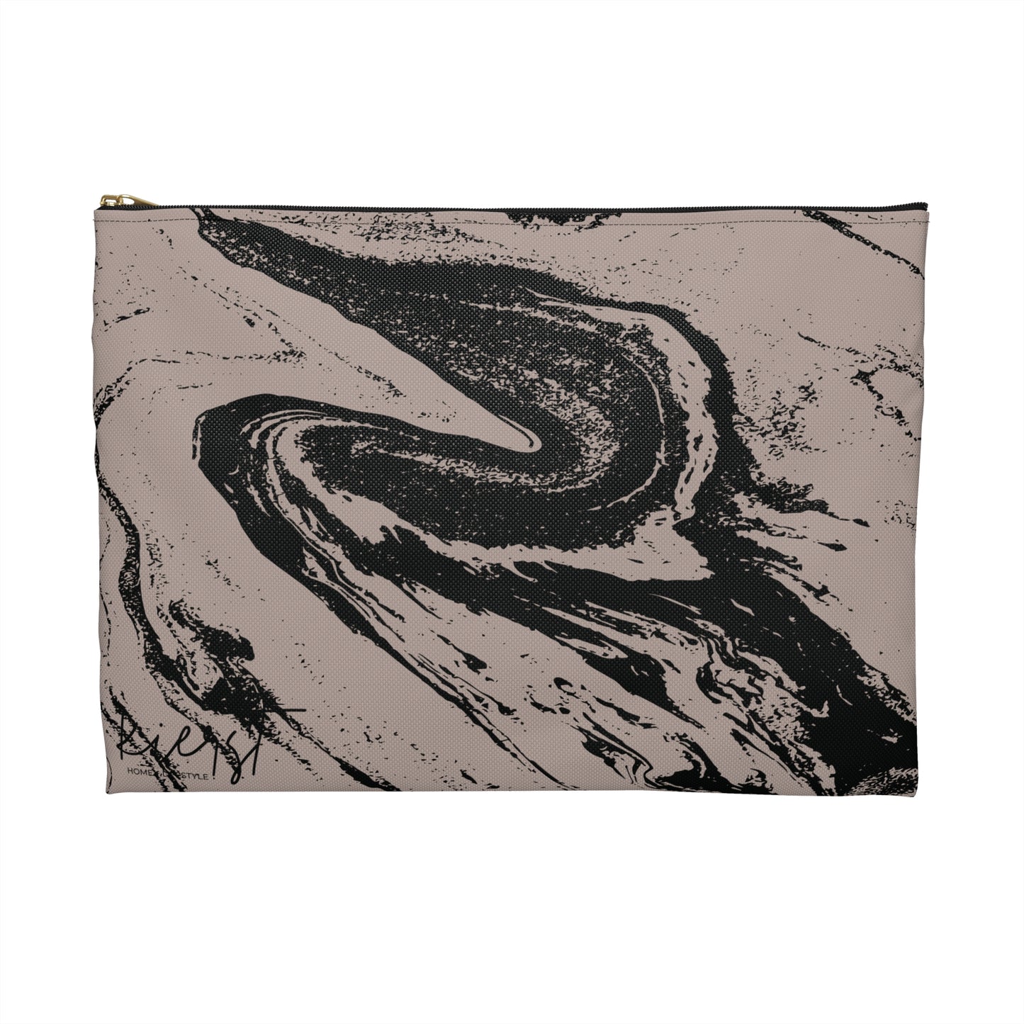 Taupe and Black Marble Accessory Pouch – Abstract Stone-Inspired Print with a Bold Edge