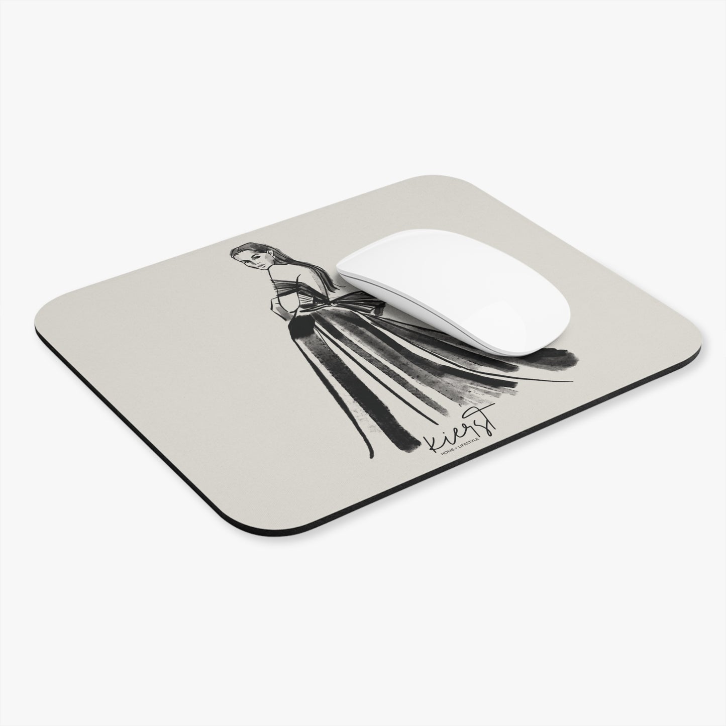 Elegant Evening Gown Sketch Mouse Pad – Fashion Illustration in Black on Neutral