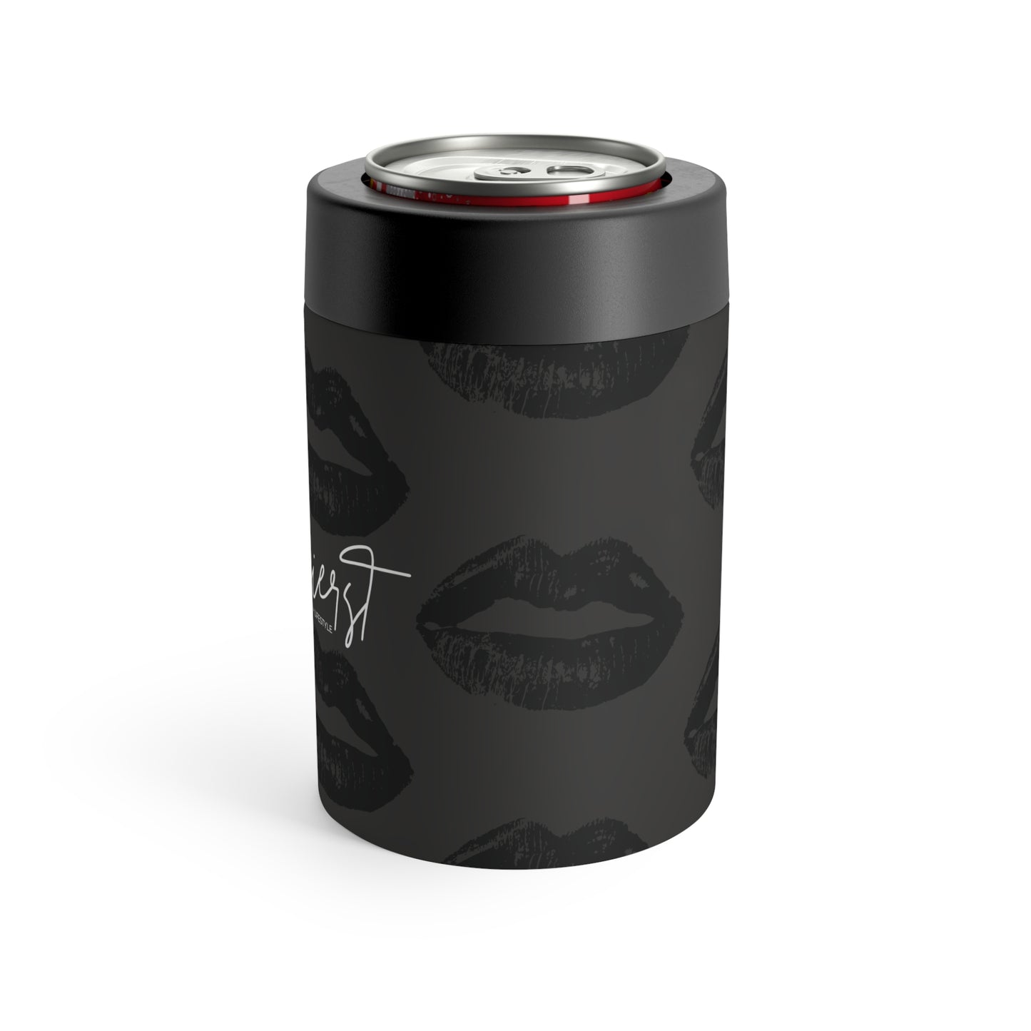Black Lip Print Can Holder – Charcoal Grey Background