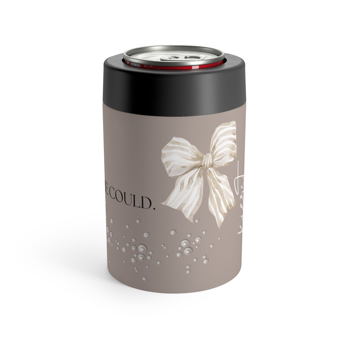 She Believed Can Holder – White Bow and Pearl Cluster on Taupe