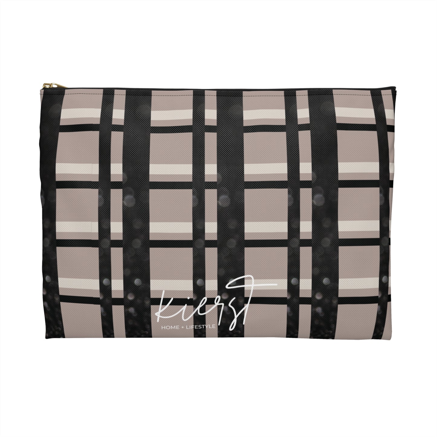 Plaid Luxe Accessory Pouch ā Taupe, Black, and Glitter Detail in a Chic Grid