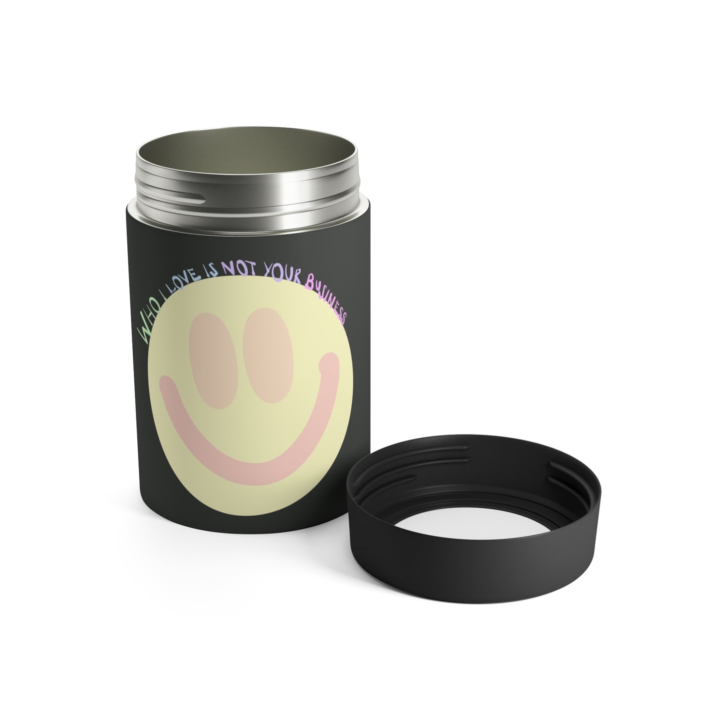 Who I Love Can Holder – Black with Pastel Smiley & Pride Message