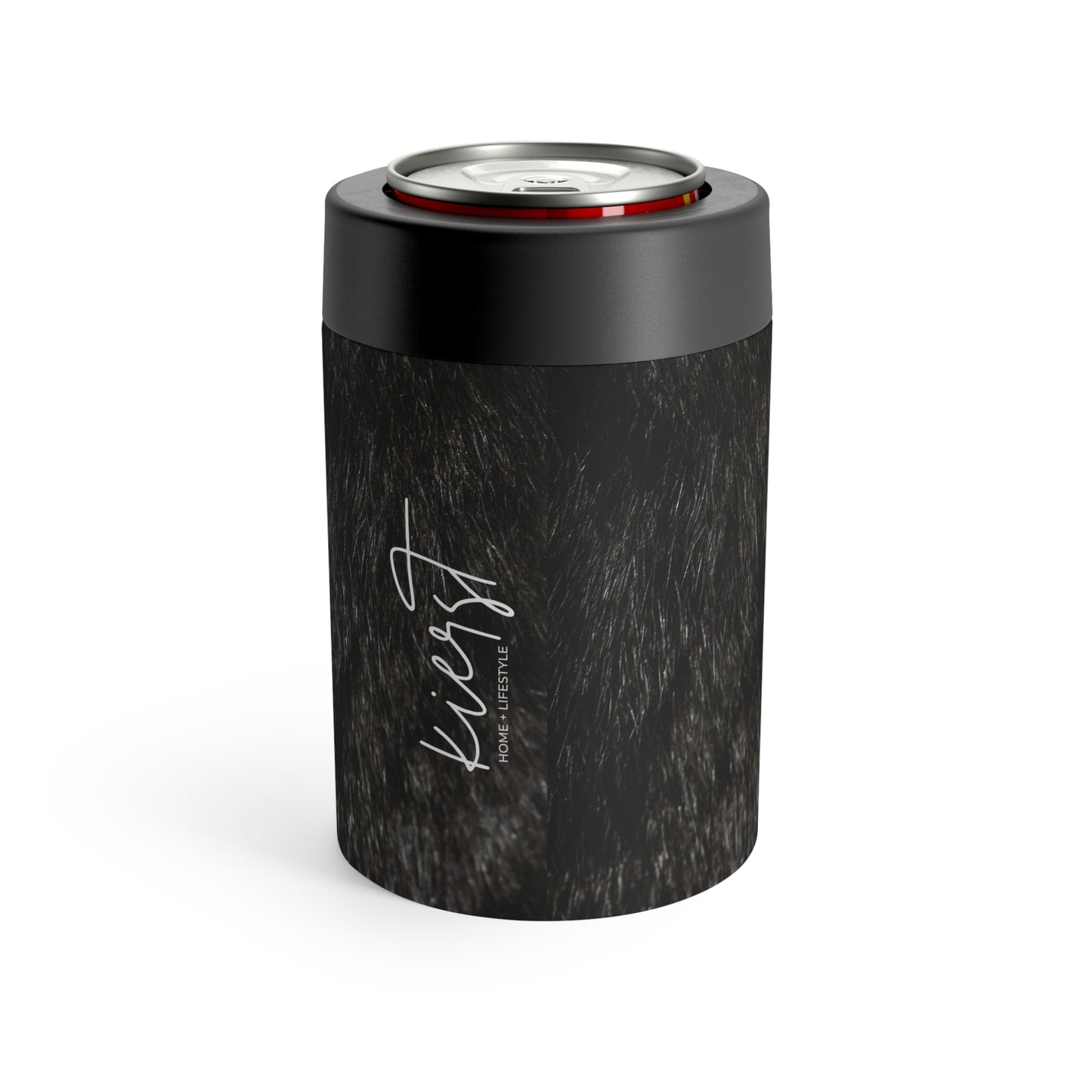 Printed Black Fur Can Holder – Matte Stainless with Faux Fur Look