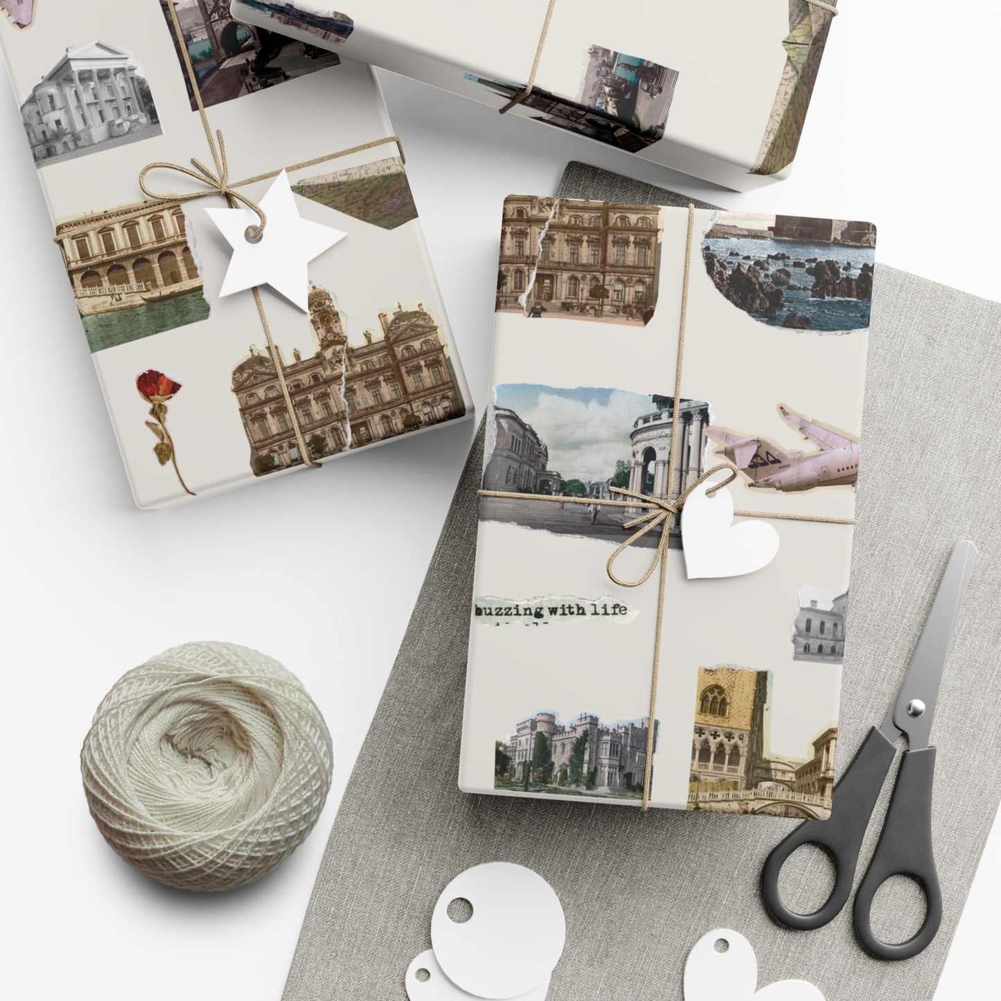 Stamped in Time Gift Wrapping Paper – Vintage Architecture & Travel Collage on Bone