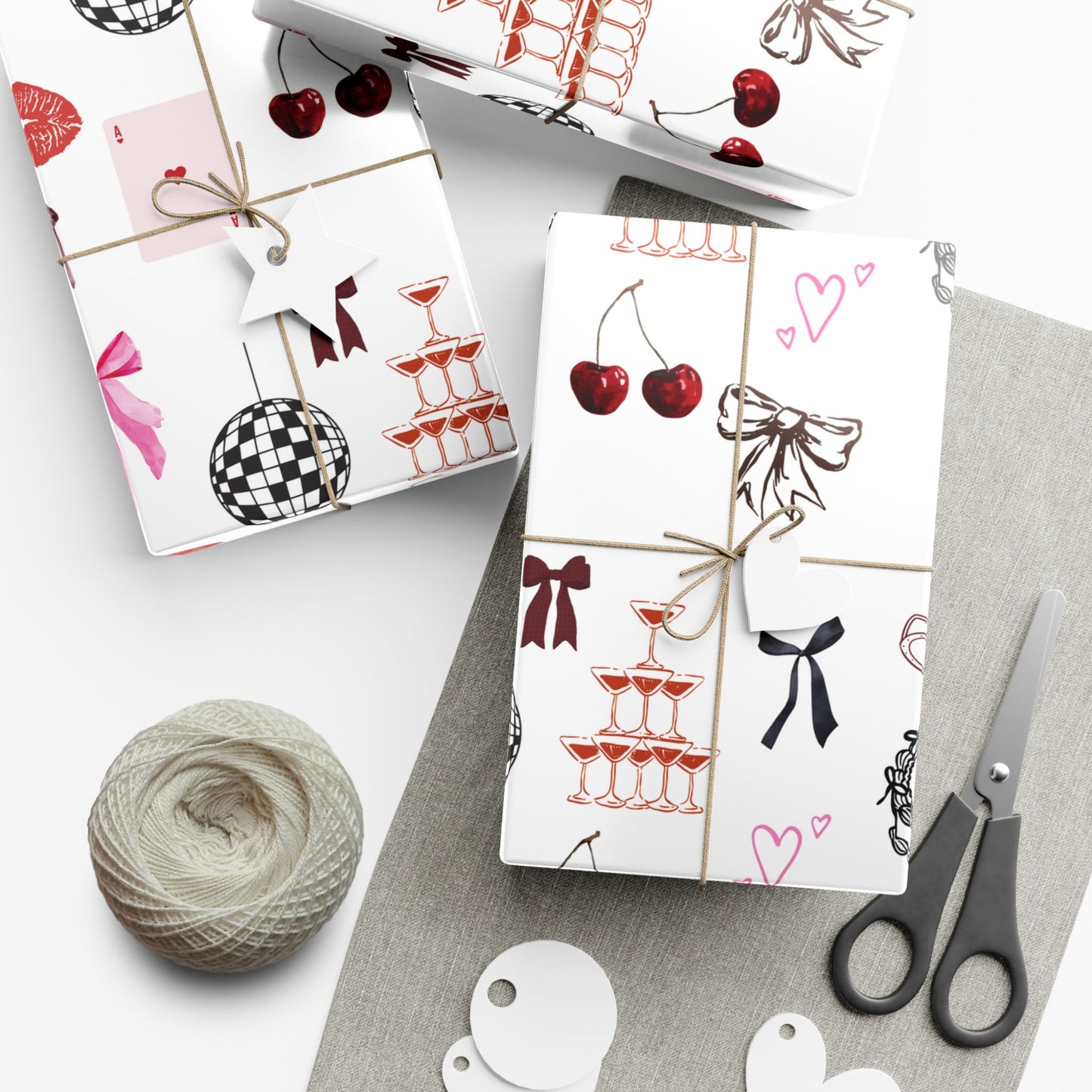 Edge of Romance Wrapping Paper | White Background Gift Wrap with Chic Sticker-Inspired Design