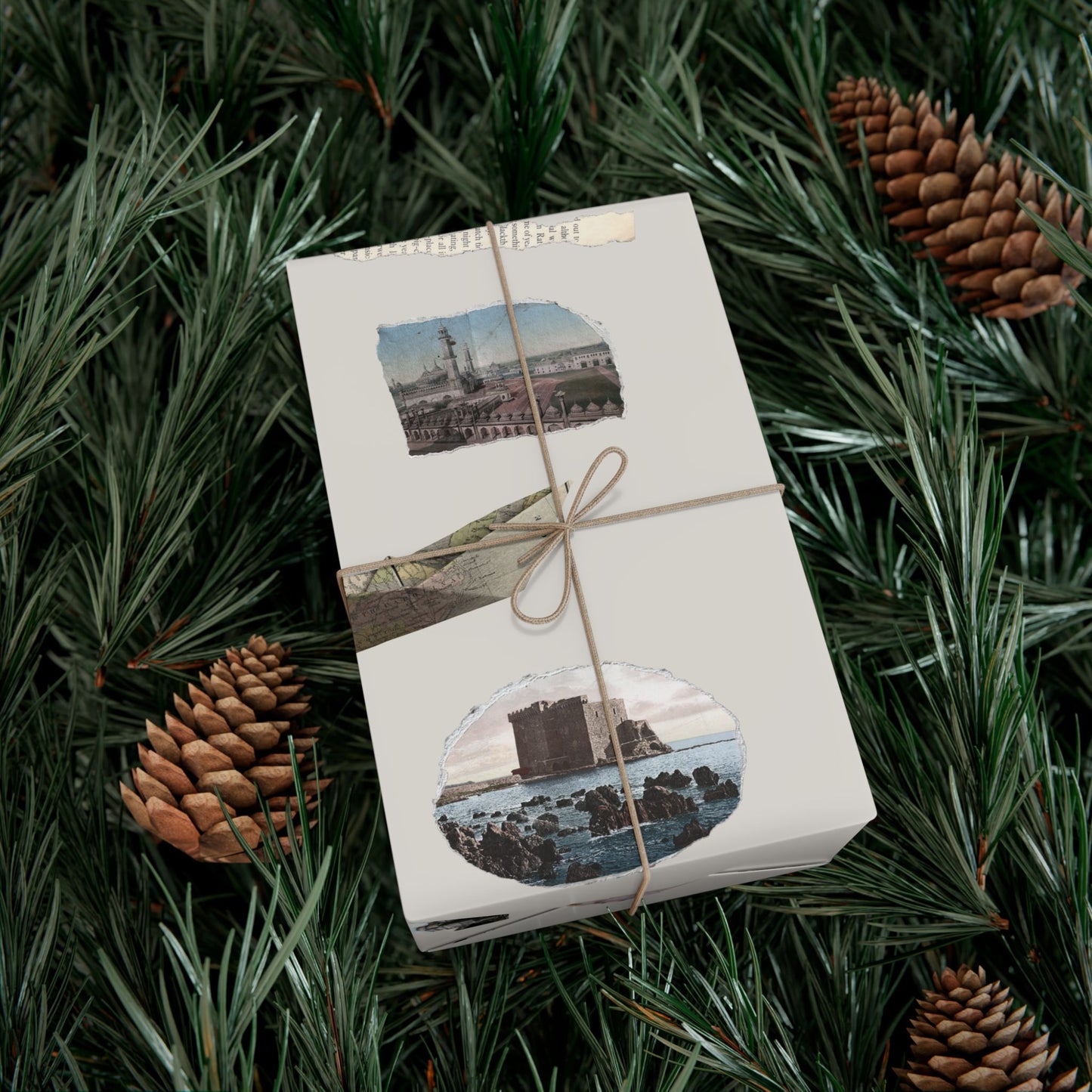 Stamped in Time Gift Wrapping Paper – Vintage Architecture & Travel Collage on Bone
