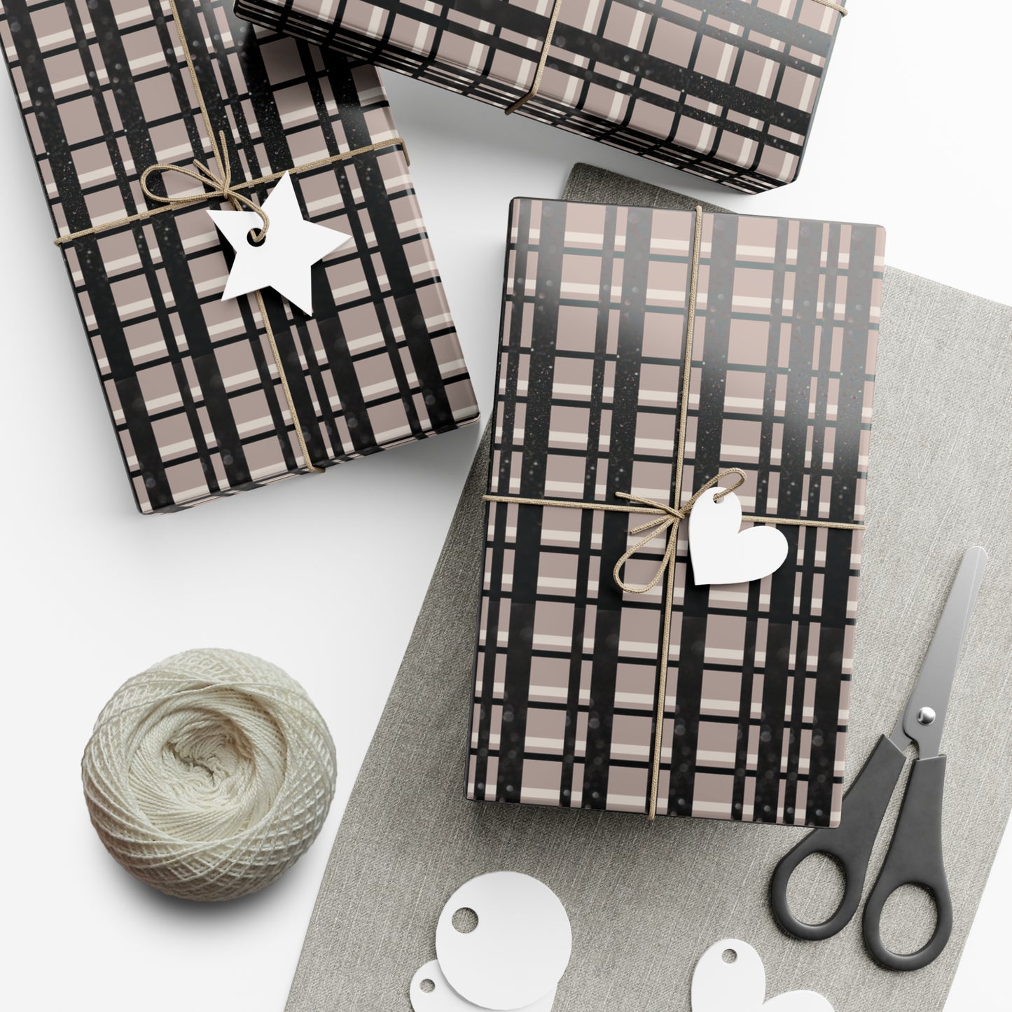 Modern Plaid Gift Wrapping Paper – Taupe, Black & Subtle Glitter Print