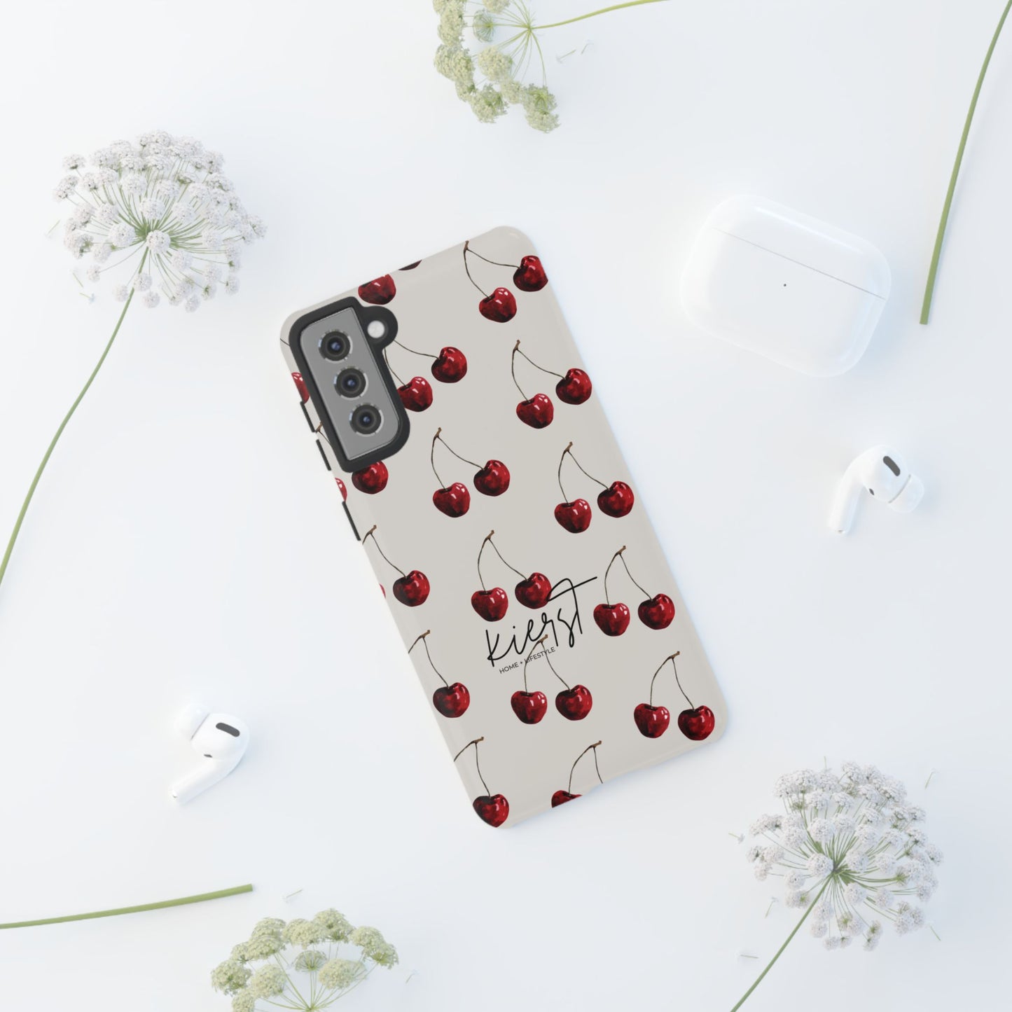 Moody Cherry Stems on White Bone Samsung Galaxy Case | Understated Luxury With A Playful Bite
