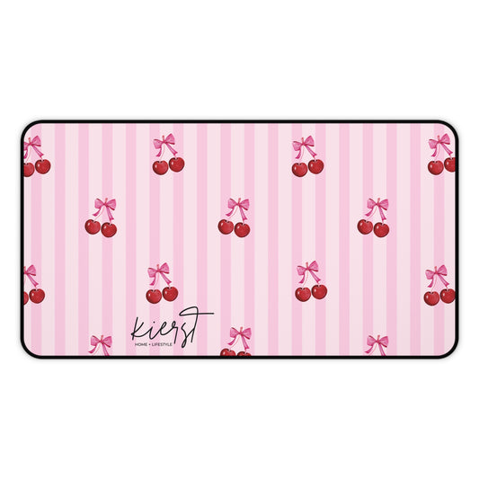 Cherries on Pink Stripes Desk Mat