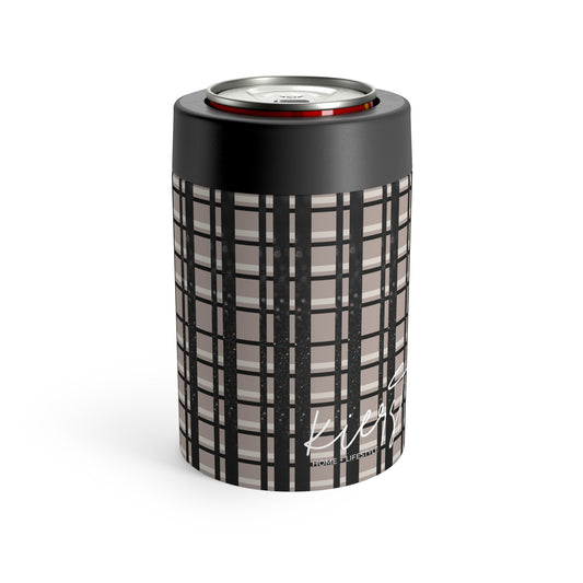 Plaid Perfection Can Holder – Tan, Black & Printed Glitter Design