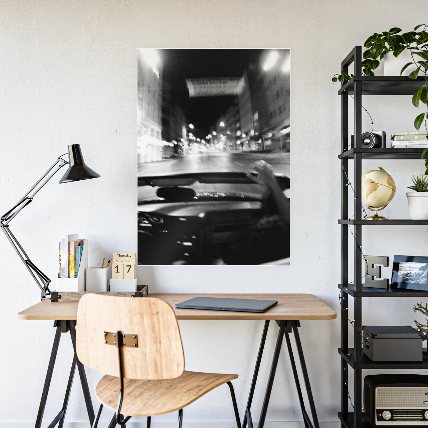 Blurry City Drive B+W Gloss Poster | Vintage Editorial Night Photography Wall Art
