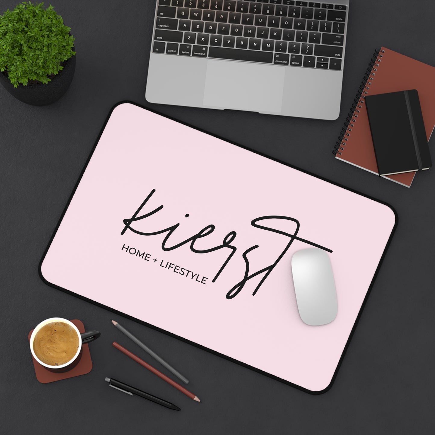 Signature Pink Desk Mat with kierst Logo | Luxe Brand-Inspired Workspace