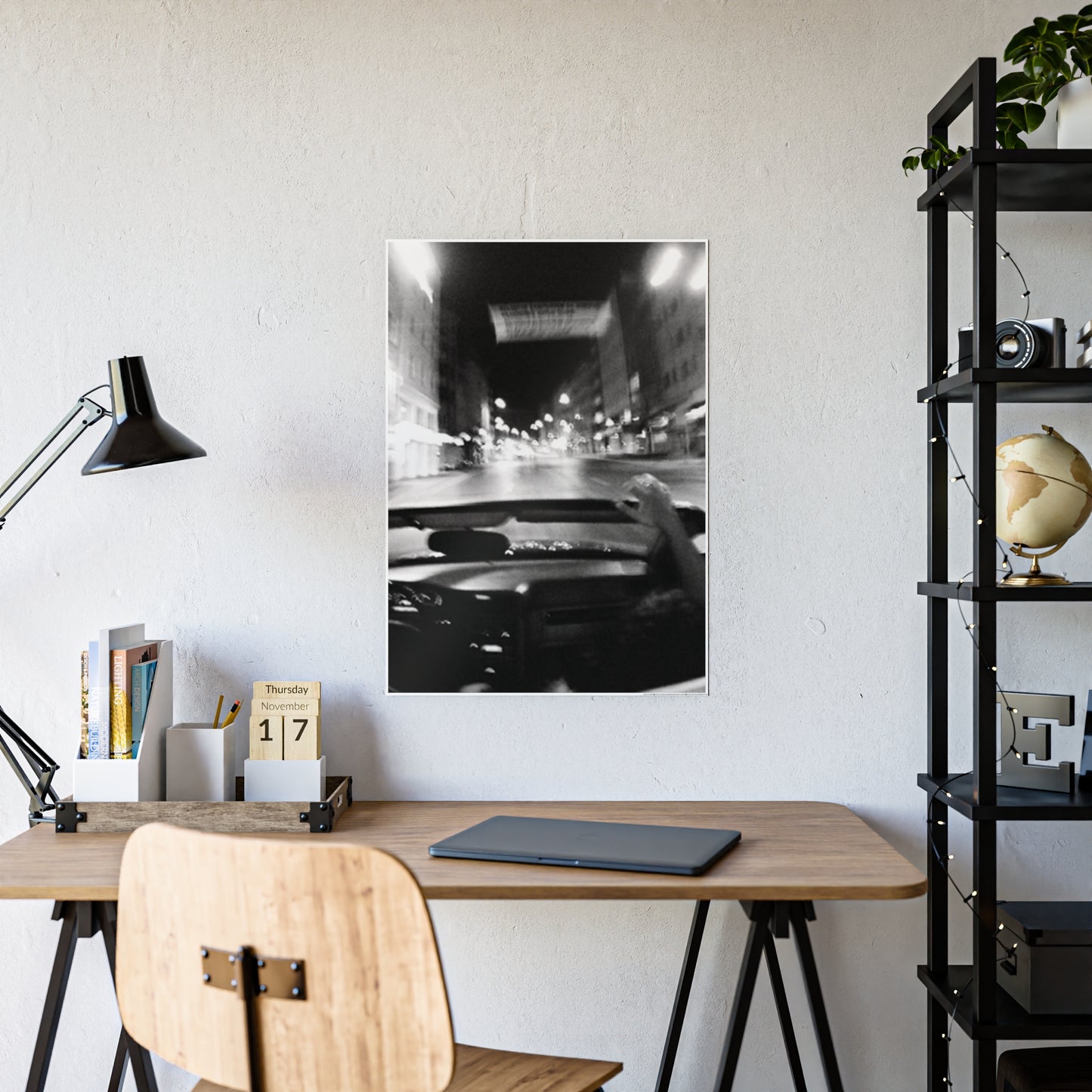 Blurry City Drive B+W Gloss Poster | Vintage Editorial Night Photography Wall Art