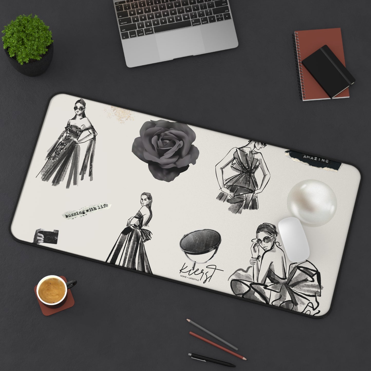 B&W Fashion Illustrations on Bone Desk Mat | Style Sketches for the Chic Creative