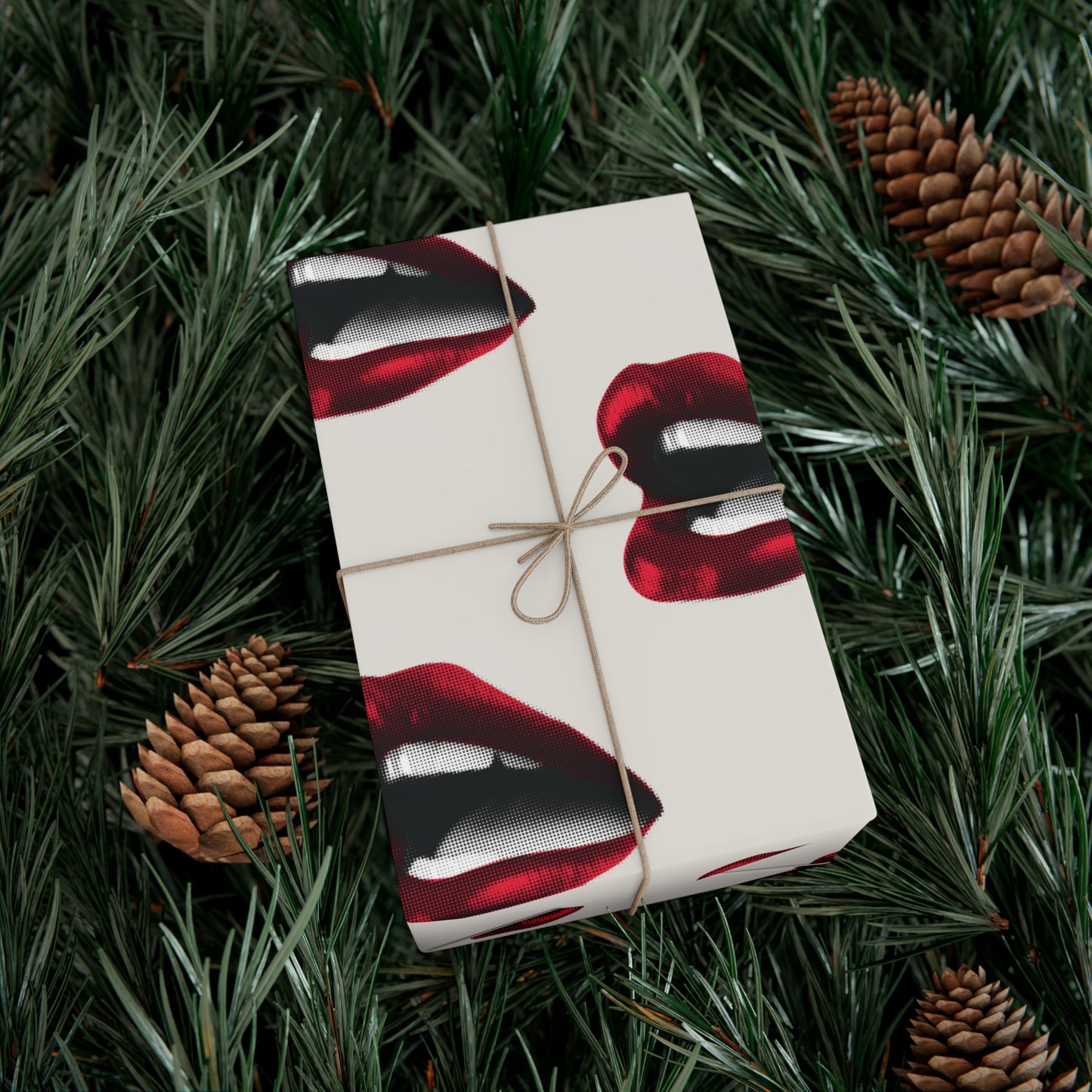 Vintage Red Lips Gift Wrapping Paper – Glossy Pop Art Mouths on Bone Color
