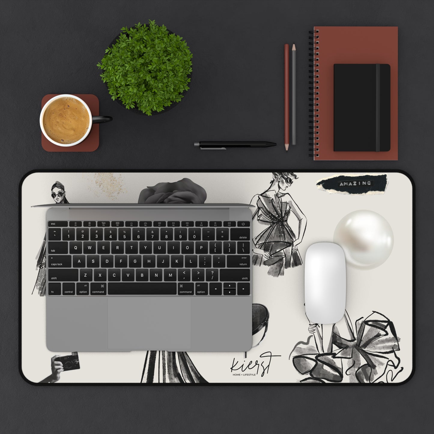 B&W Fashion Illustrations on Bone Desk Mat | Style Sketches for the Chic Creative