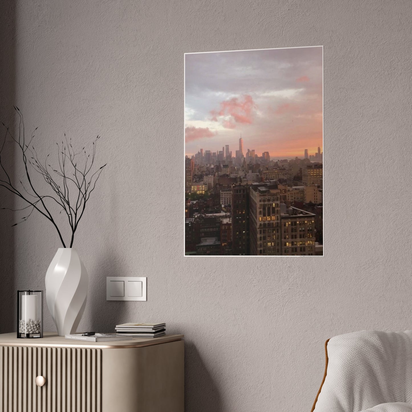 A New York Sunset Glossy Poster | Moody Pink Skyline Over Manhattan