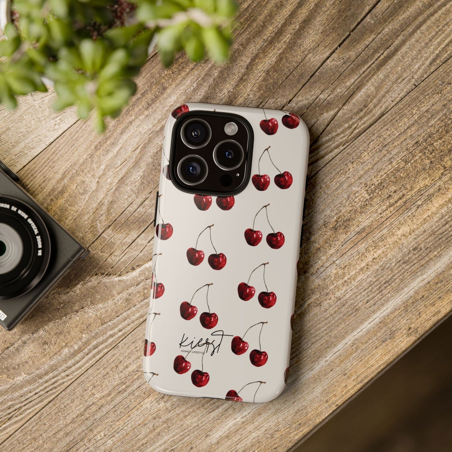 Moody Cherry Stems on White Bone iPhone Case | Timeless Contrast With A Twist of Charm