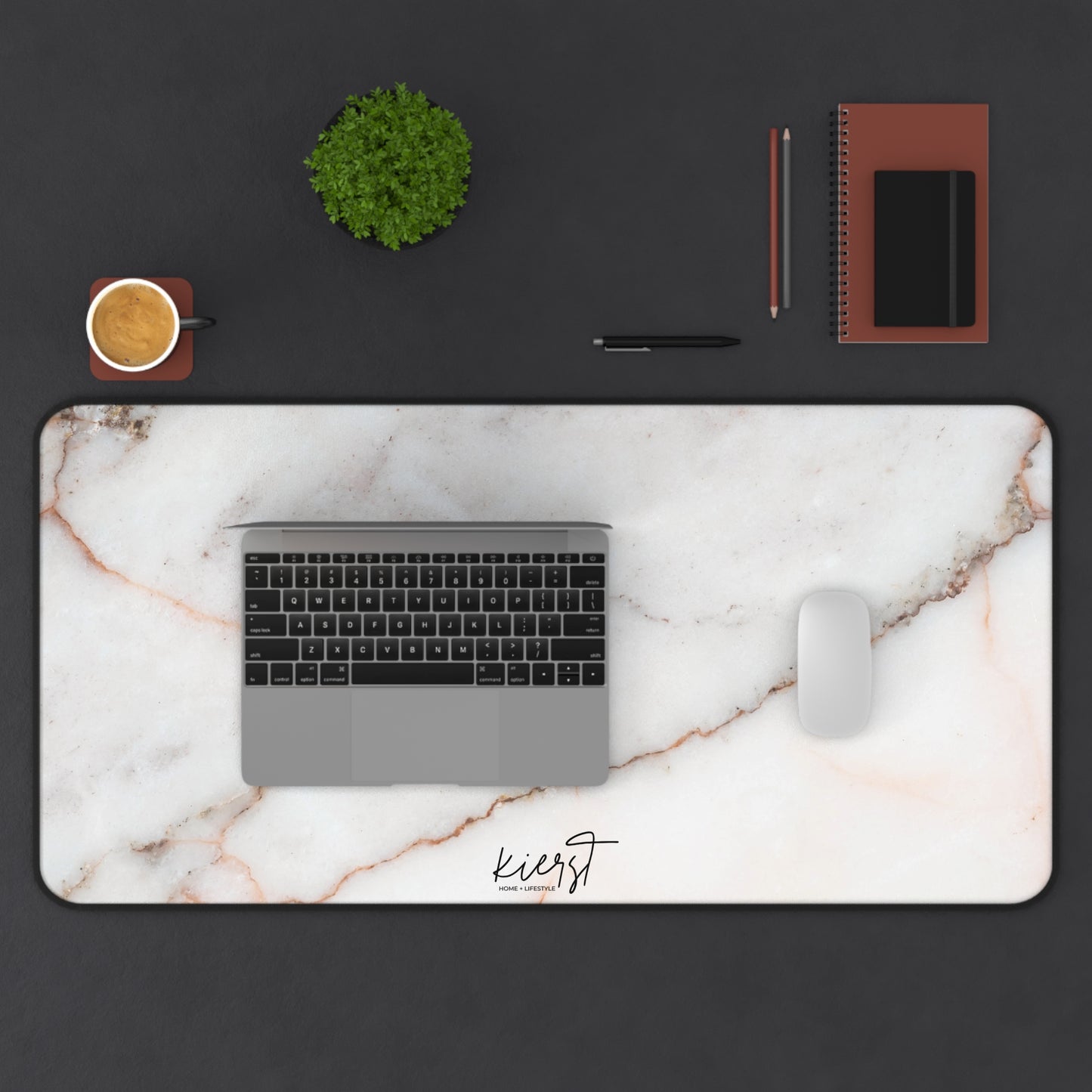 Warm White Marble Print Desk Mat | Neutral Office Decor