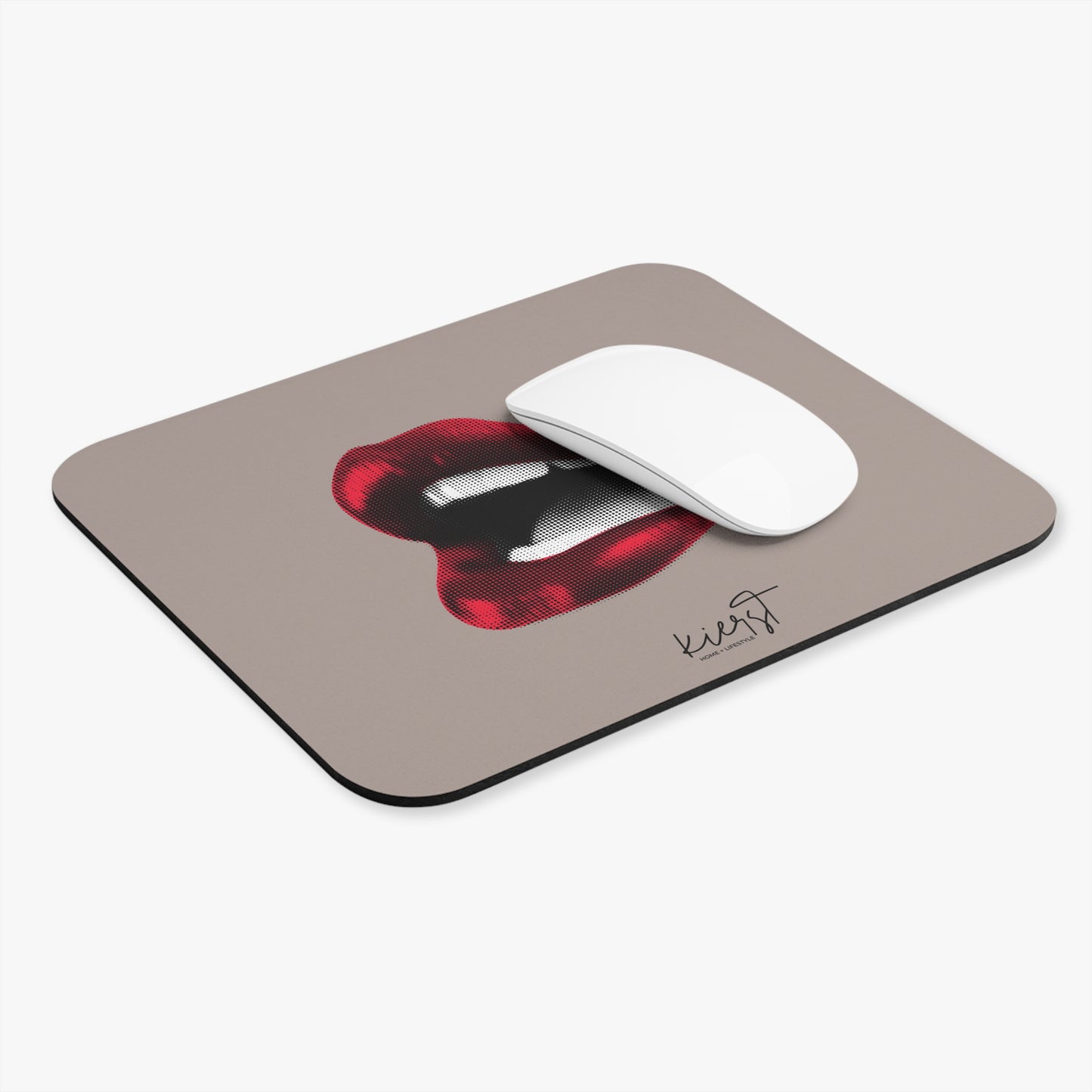 Vintage Red Lips on Taupe Mouse Pad | Bold Desk Statement