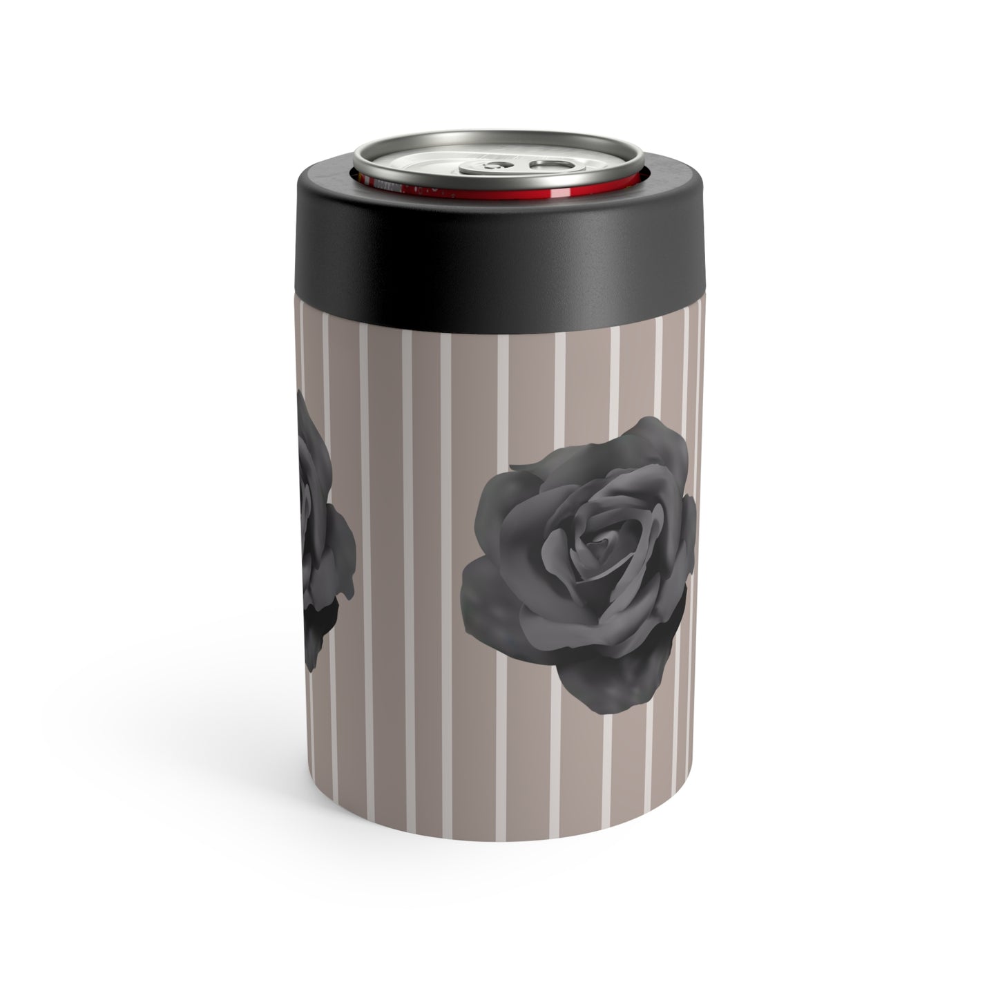 Brown with Beige Vertical Stripe and Black Rose Can Holder