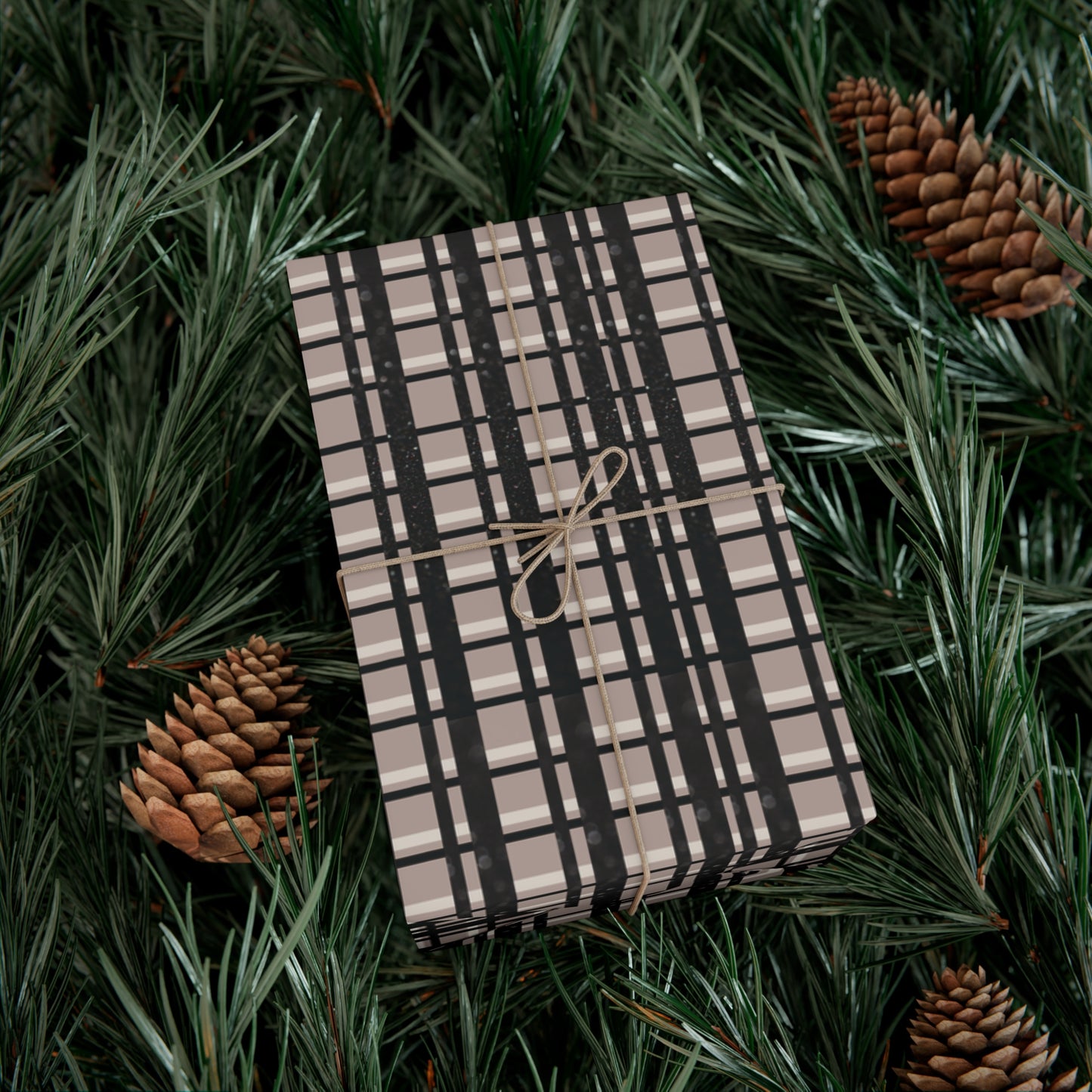 Modern Plaid Gift Wrapping Paper – Taupe, Black & Subtle Glitter Print
