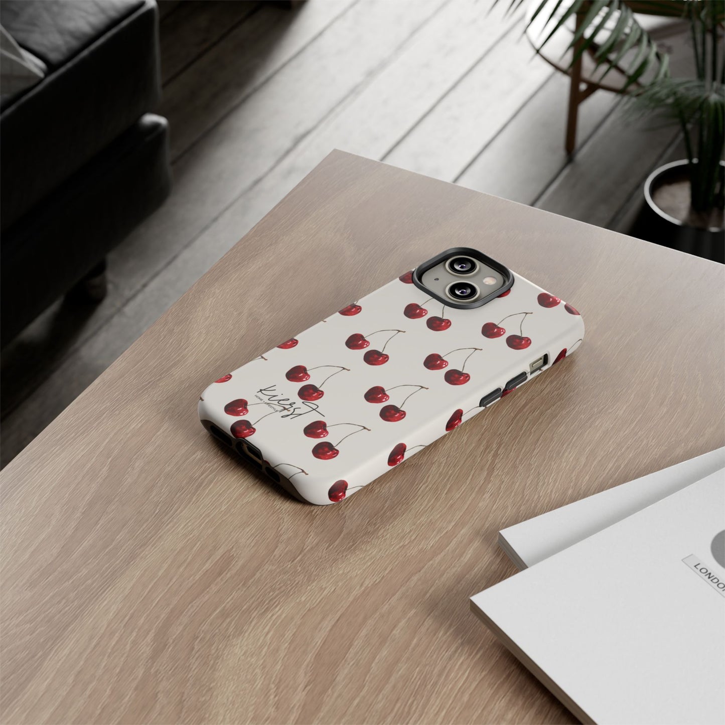 Moody Cherry Stems on White Bone iPhone Case | Timeless Contrast With A Twist of Charm