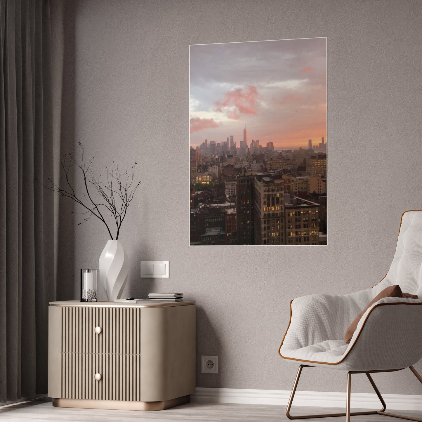 A New York Sunset Glossy Poster | Moody Pink Skyline Over Manhattan