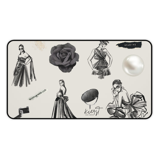 B&W Fashion Illustrations on Bone Desk Mat | Style Sketches for the Chic Creative
