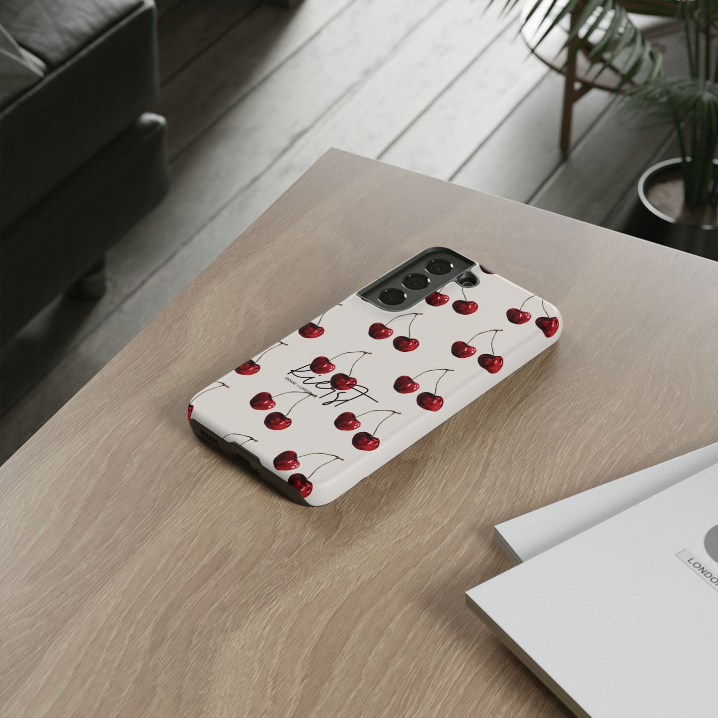 Moody Cherry Stems on White Bone Samsung Galaxy Case | Understated Luxury With A Playful Bite