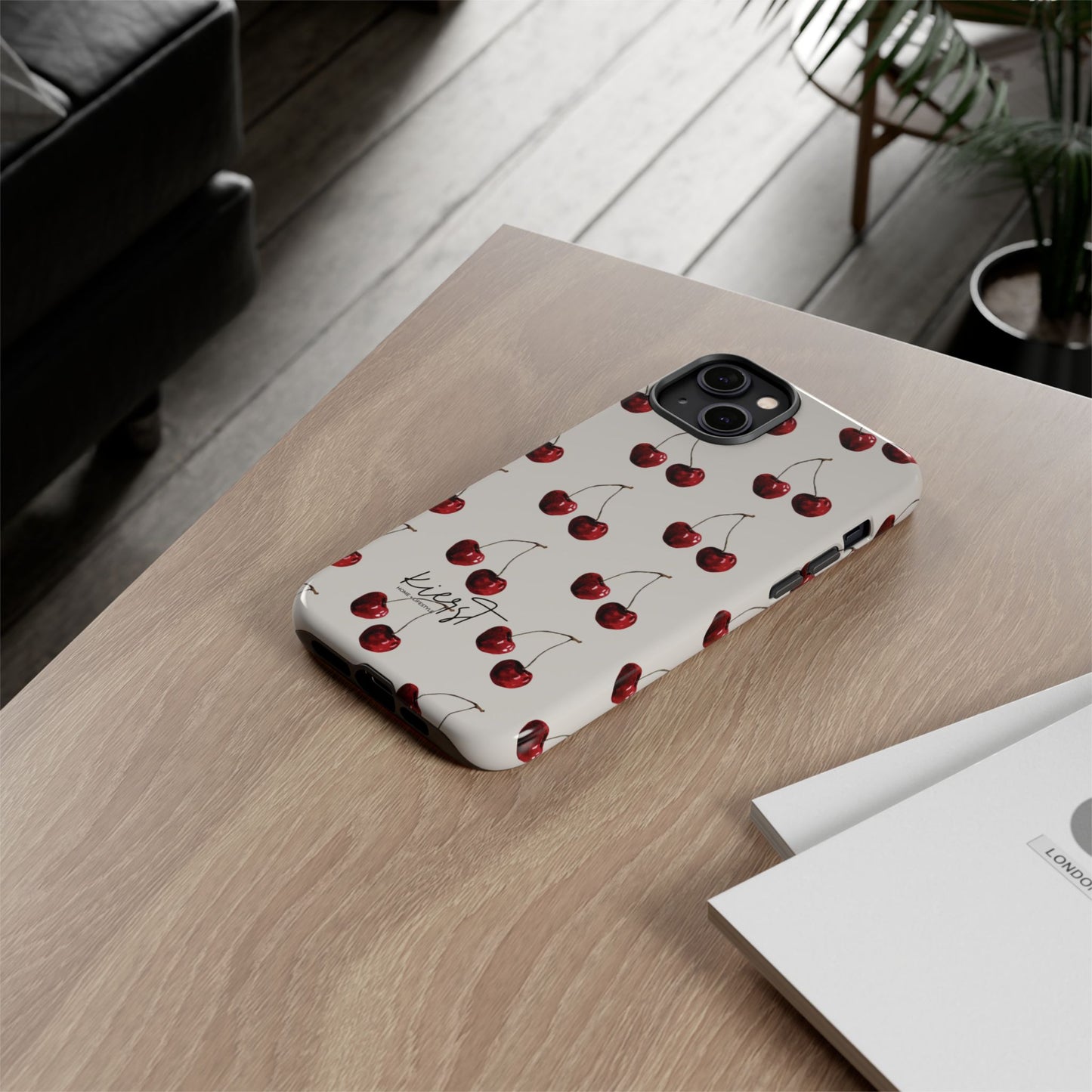 Moody Cherry Stems on White Bone iPhone Case | Timeless Contrast With A Twist of Charm