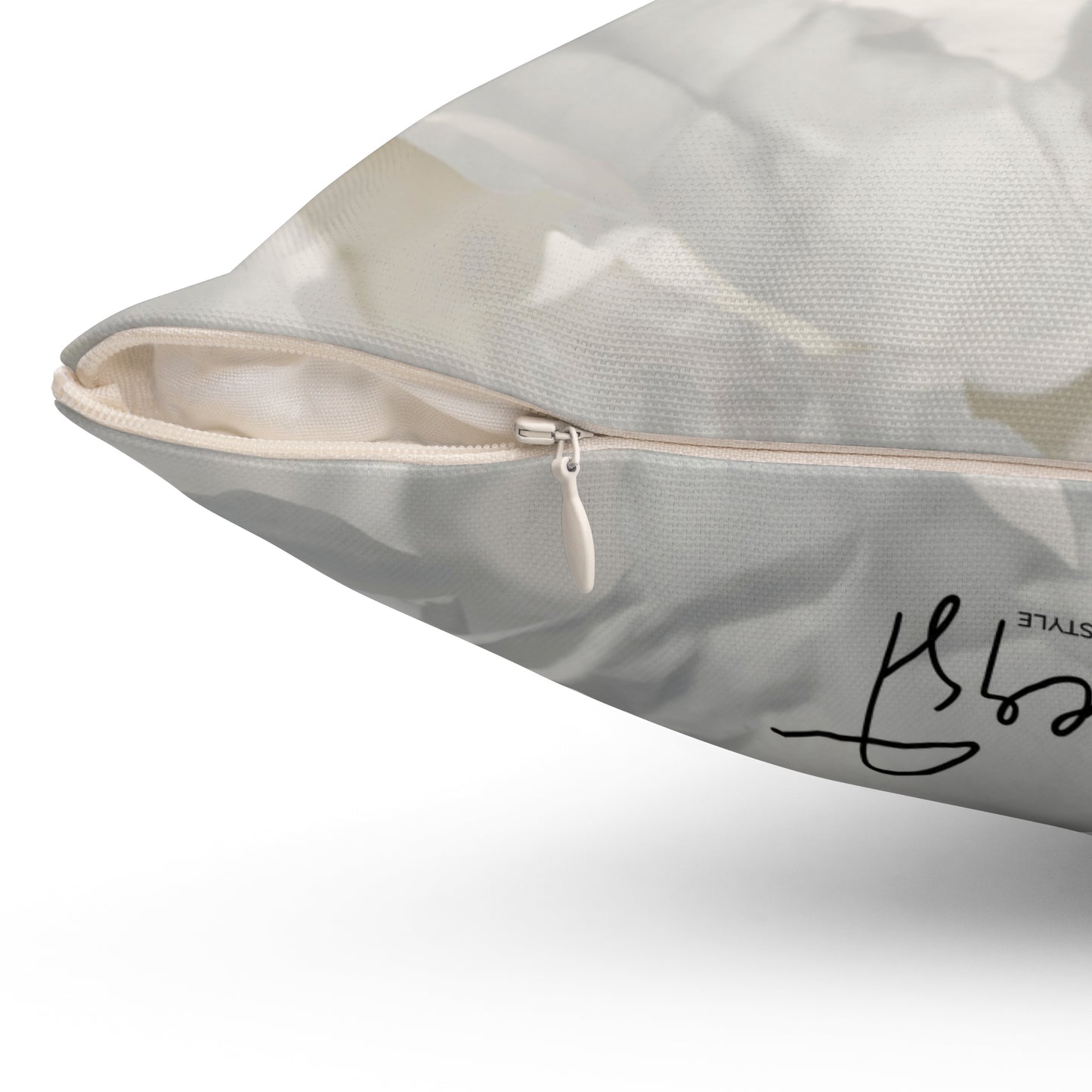 White Peony Printed Square Pillow – Soft Neutrals, Seamless Style