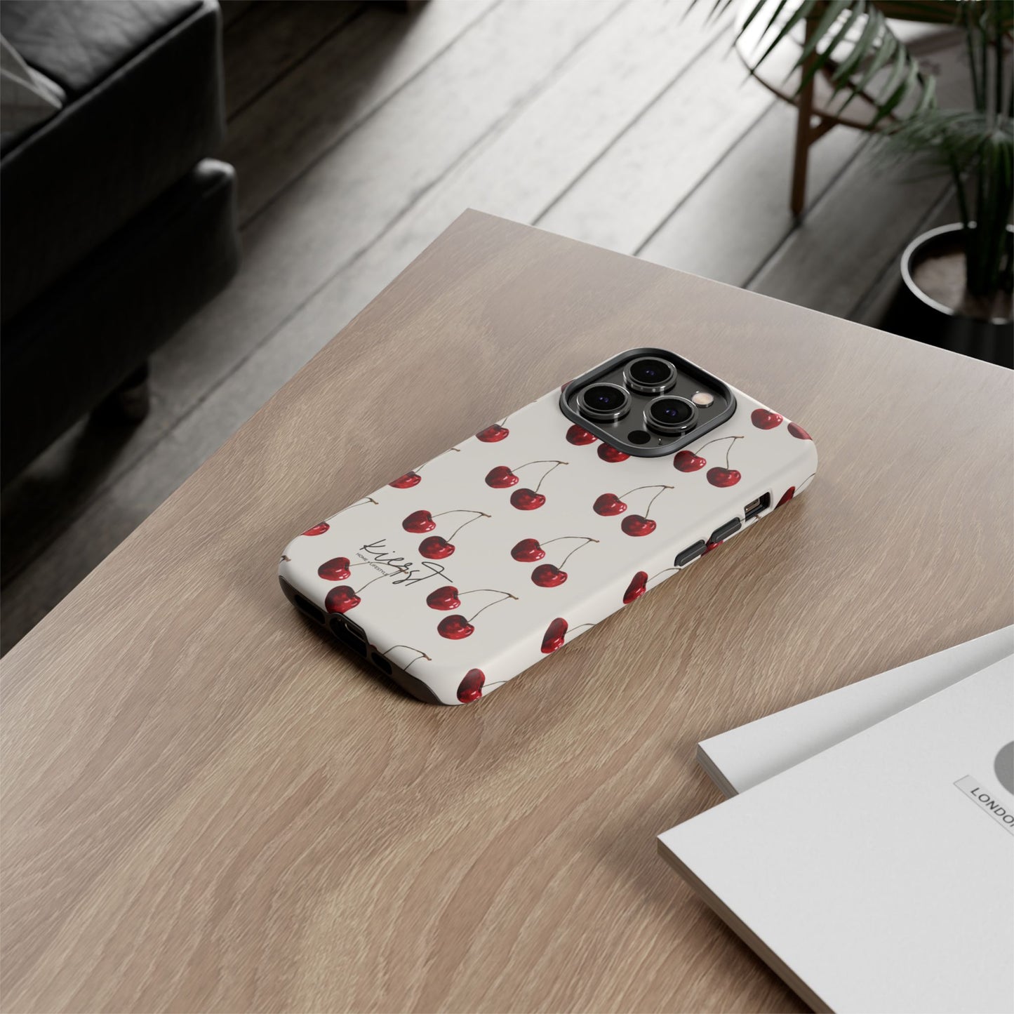 Moody Cherry Stems on White Bone iPhone Case | Timeless Contrast With A Twist of Charm
