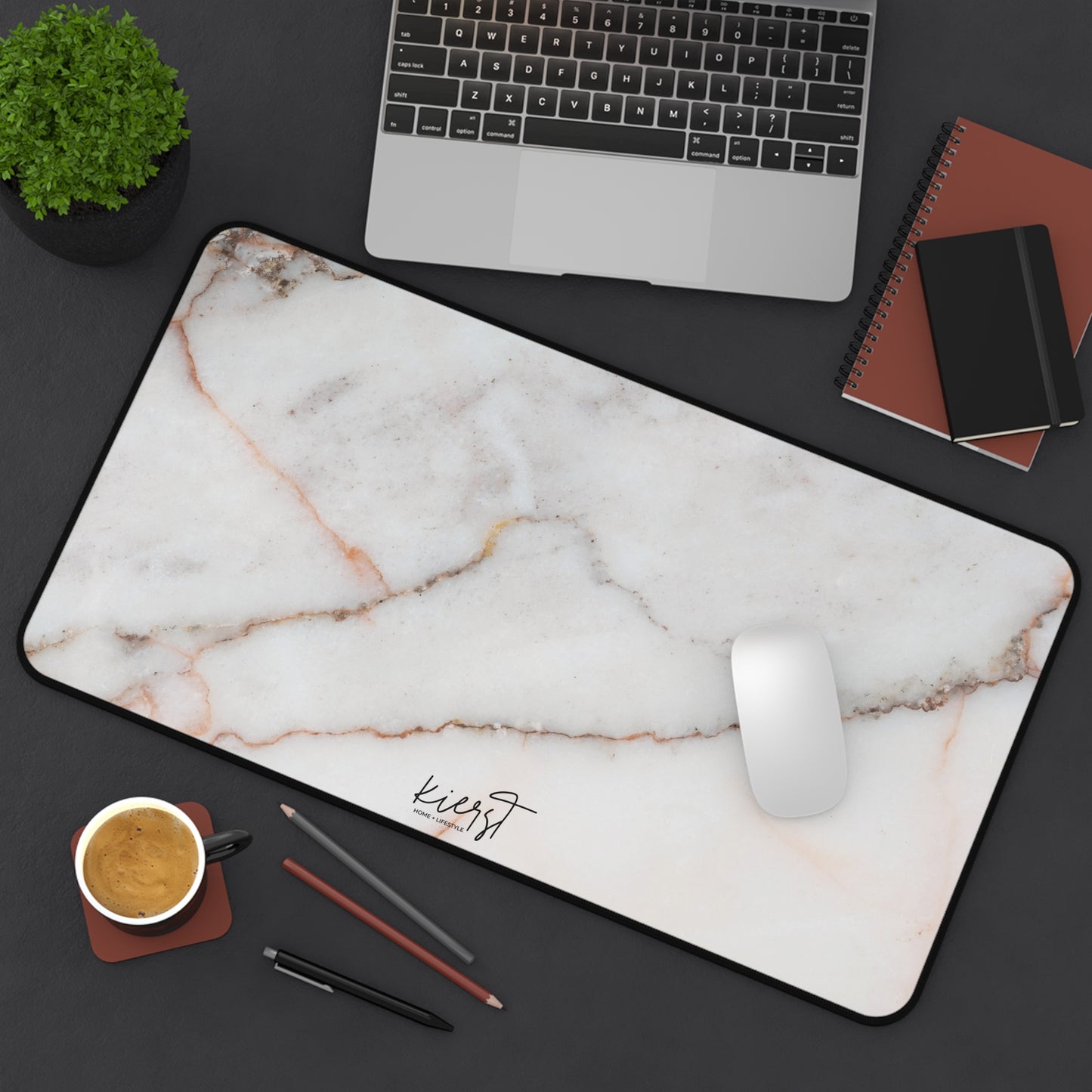 Warm White Marble Print Desk Mat | Neutral Office Decor