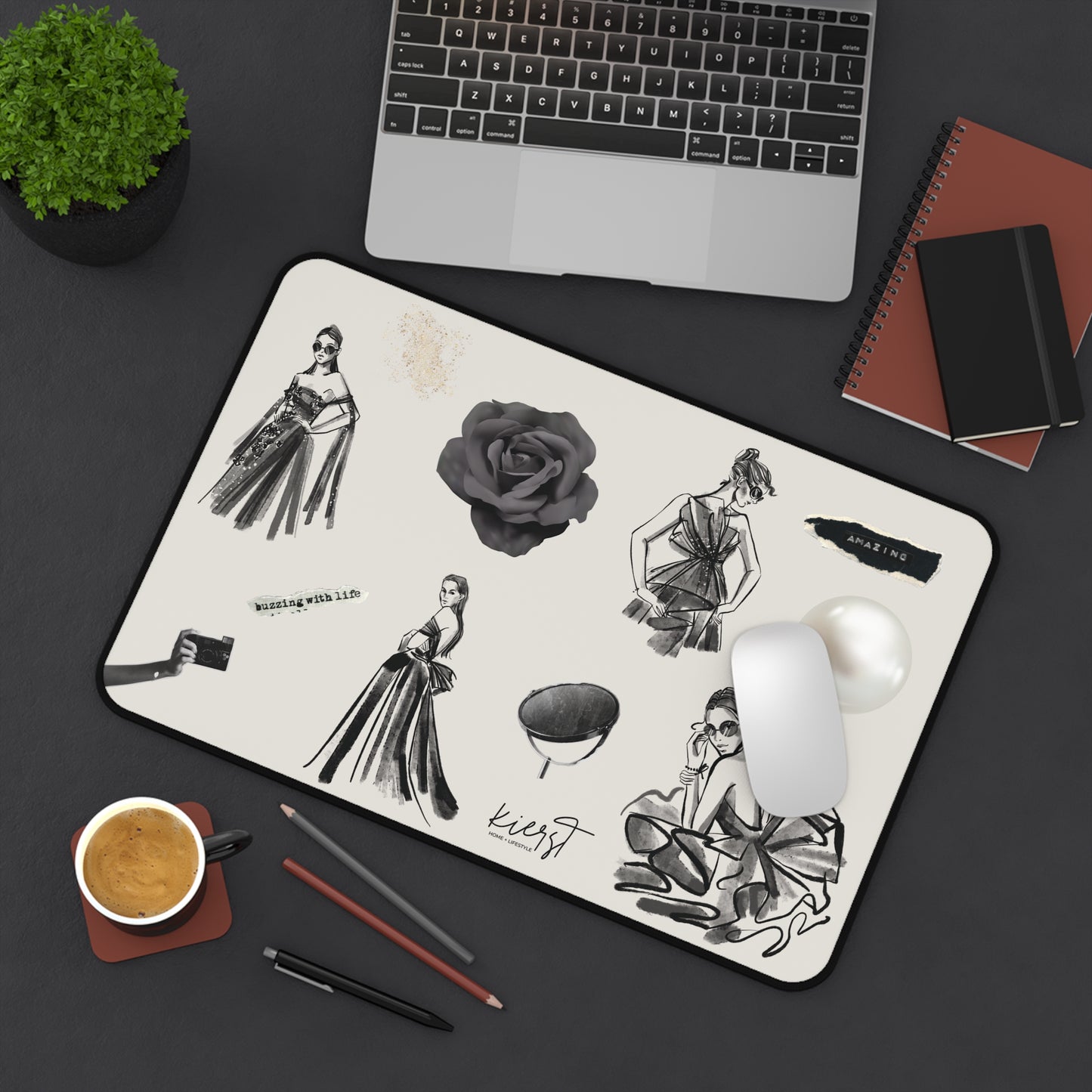 B&W Fashion Illustrations on Bone Desk Mat | Style Sketches for the Chic Creative