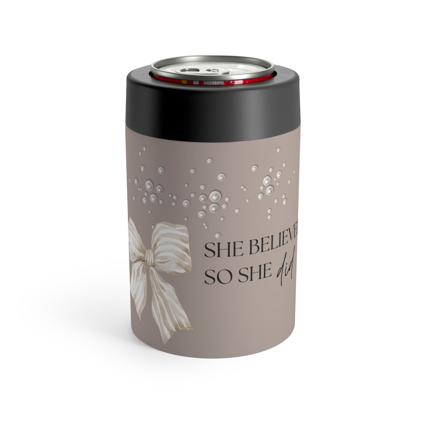 She Believed Can Holder – White Bow and Pearl Cluster on Taupe