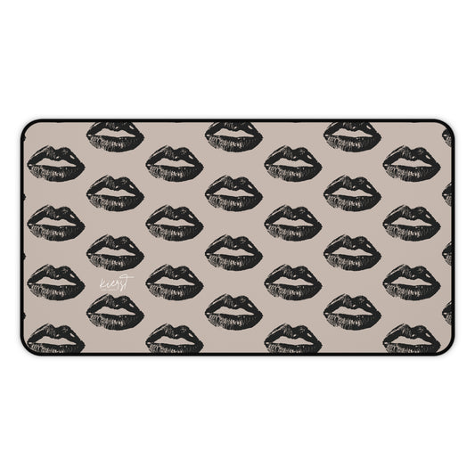 Black Lip Print Desk Mat – Oat Neutral Background
